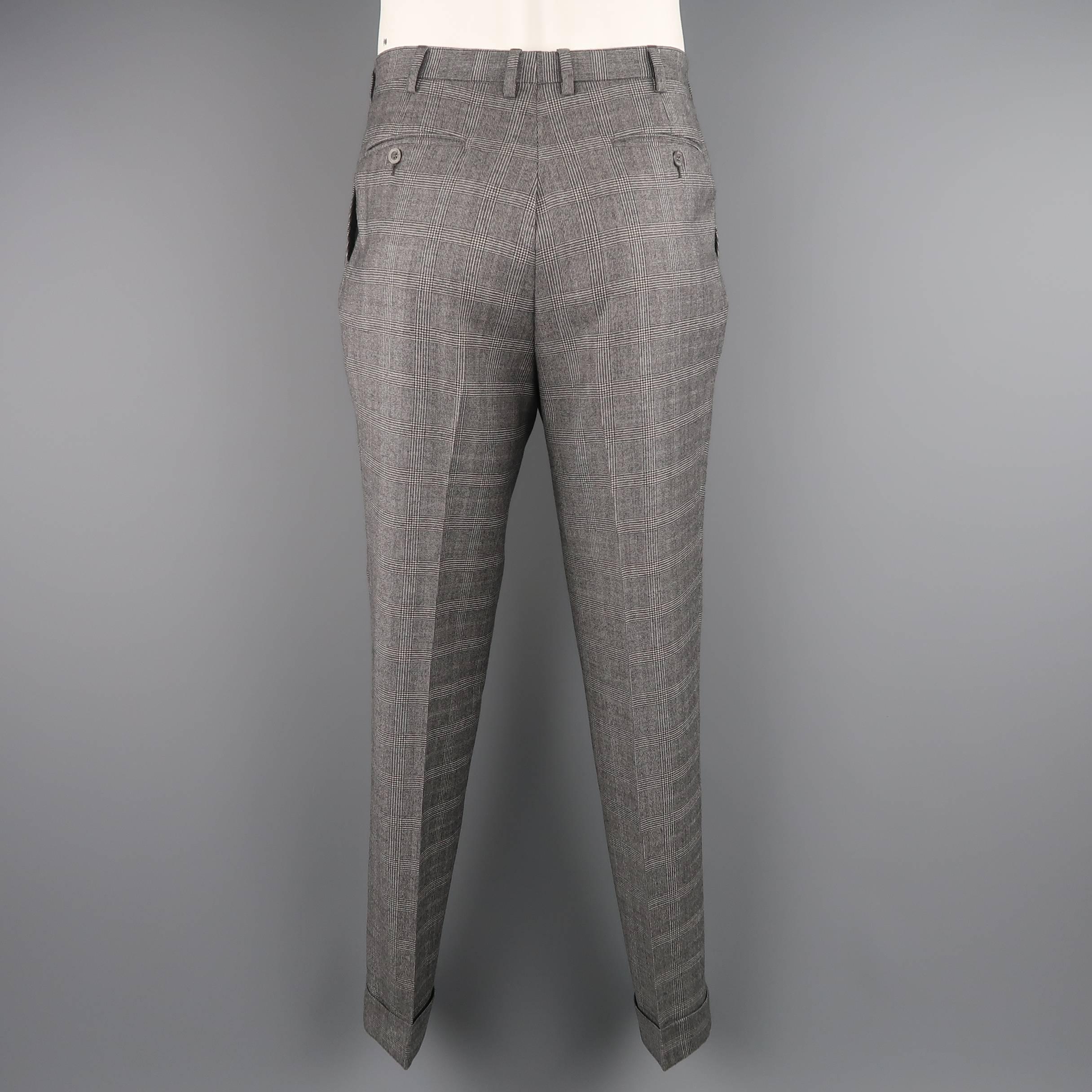 Men's BRIONI Size 34 Grey Glenplaid Wool Blend Flat Front Cuffed Dress Pants In Excellent Condition In San Francisco, CA