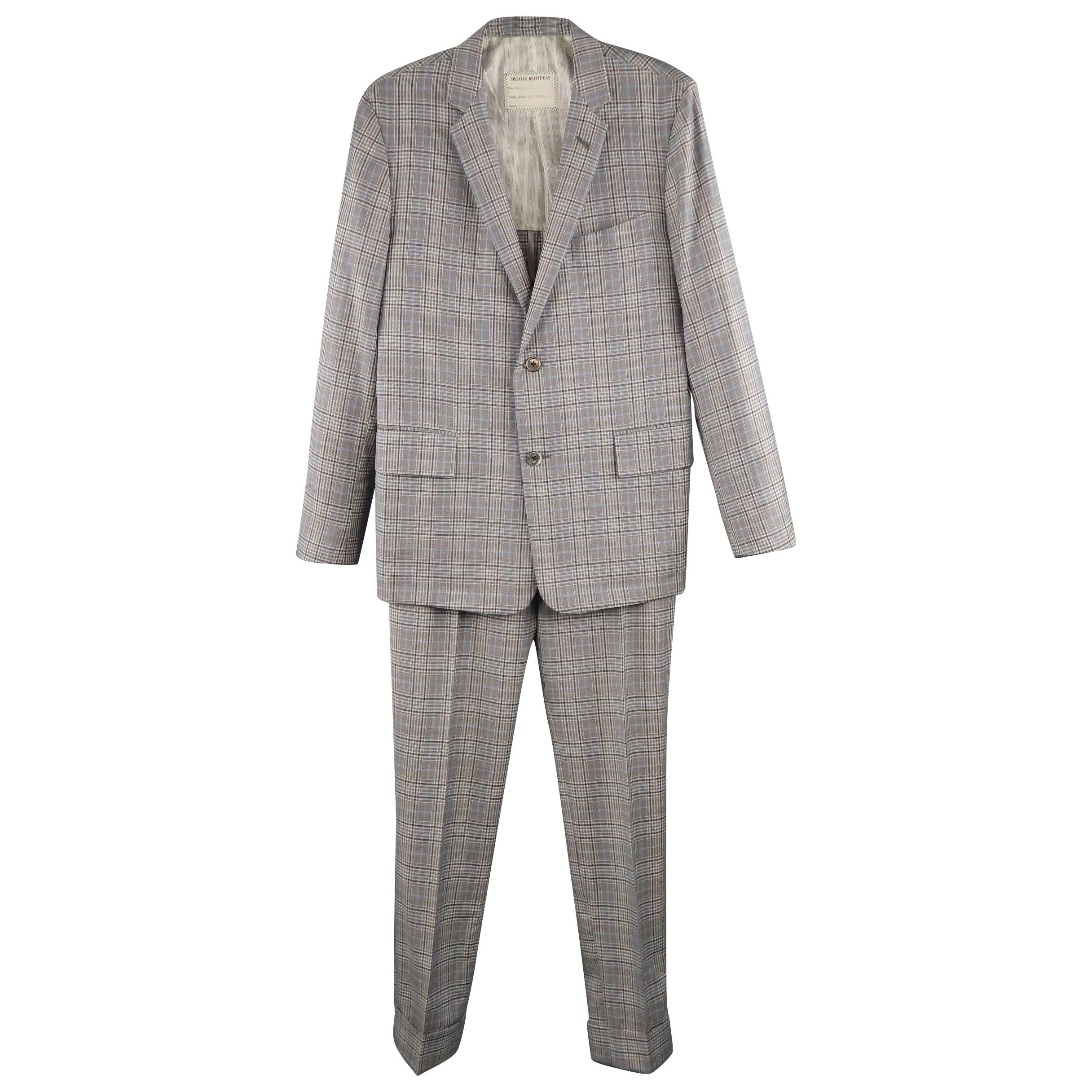 Men's BROOKS BROTHERS 38 Short Gray & Blue Plaid Wool Blend Notch Lapel Suit