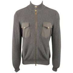 Men's BRUNELLO CUCINELLI 40 Grey Ribbed Knit High Collar Pocket Jacket