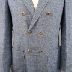 Men's BRUNELLO CUCINELLI 40 Regular Indigo Linen Double Breasted Sport Coat
