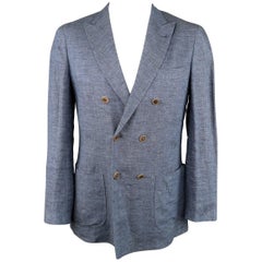 Men's BRUNELLO CUCINELLI 40 Regular Indigo Linen Double Breasted Sport Coat