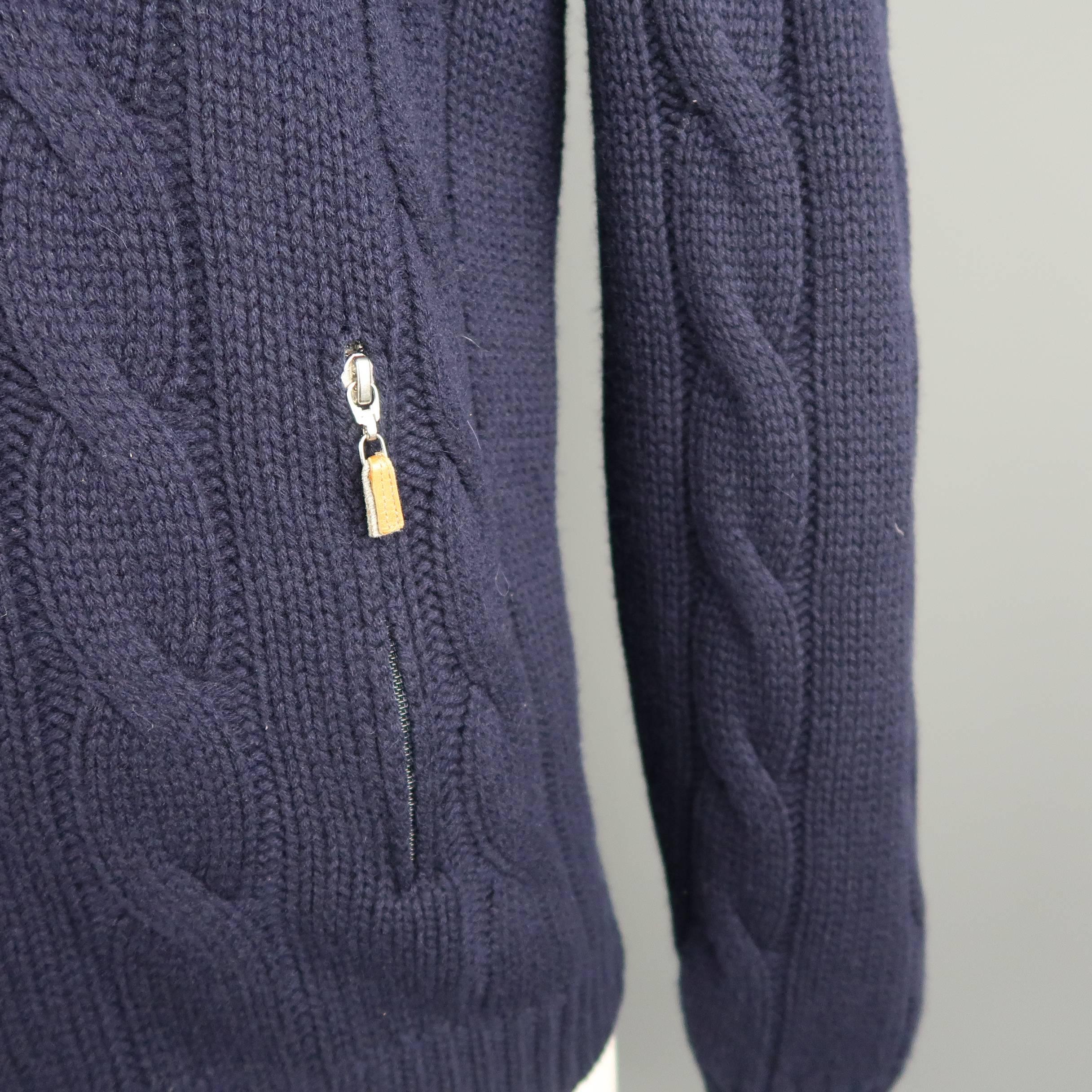 Men's BRUNELLO CUCINELLI L Navy Cable Knit Wool / Cashmere / Silk Cardigan Zip J In New Condition In San Francisco, CA