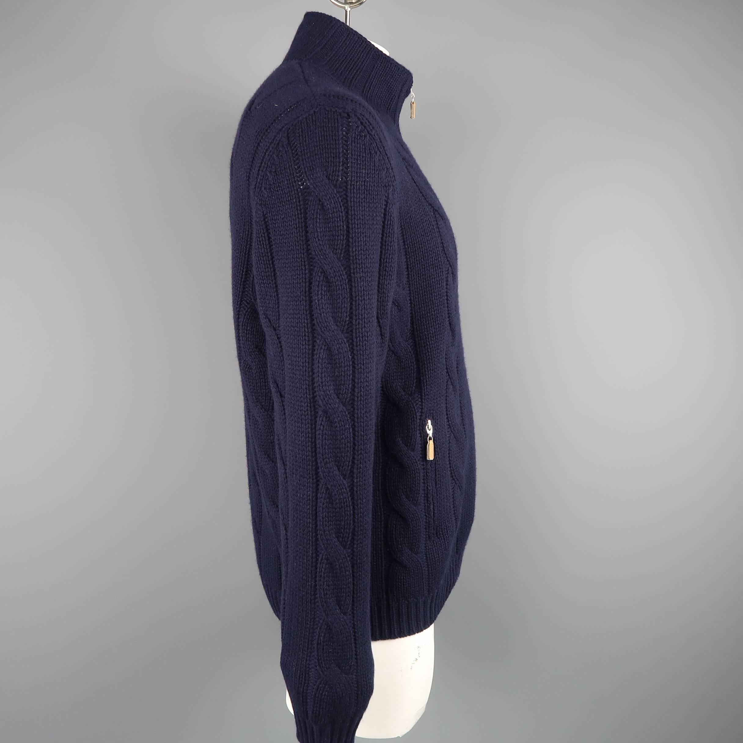 Men's BRUNELLO CUCINELLI L Navy Cable Knit Wool / Cashmere / Silk Cardigan Zip J 1
