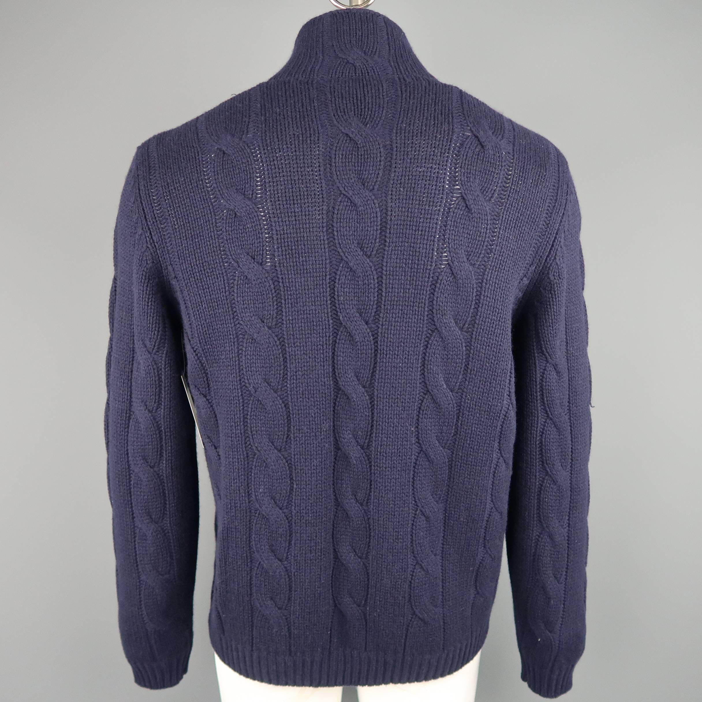 Men's BRUNELLO CUCINELLI L Navy Cable Knit Wool / Cashmere / Silk Cardigan Zip J 2