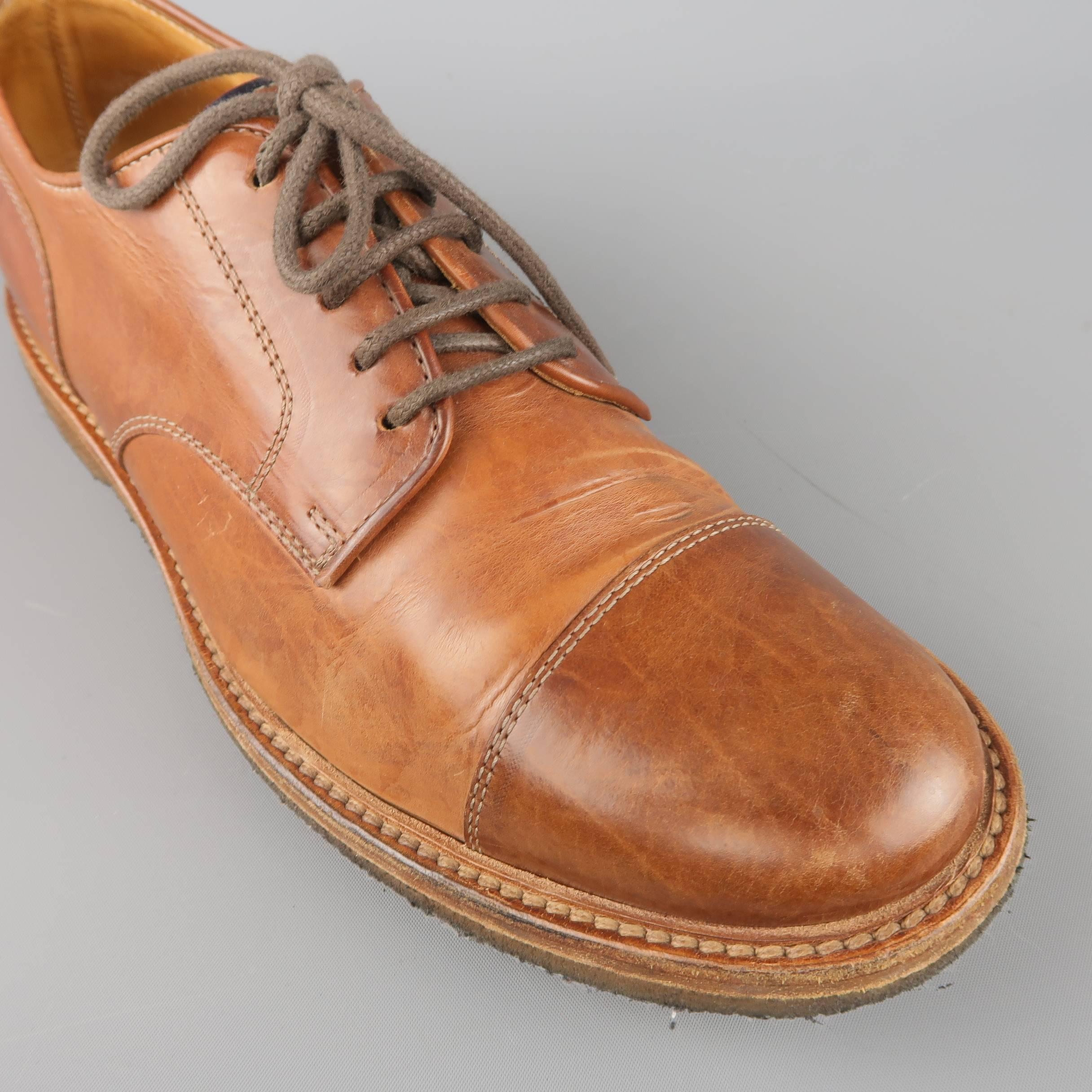 Men's BRUNELLO CUCINELLI Size 9 Tan Leather Cap Toe Crepe Sole Lace Up In Fair Condition In San Francisco, CA