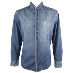 Men's BRUNELLO CUCINELLI Size XL Indigo Wash Denim Spread Collar Shirt