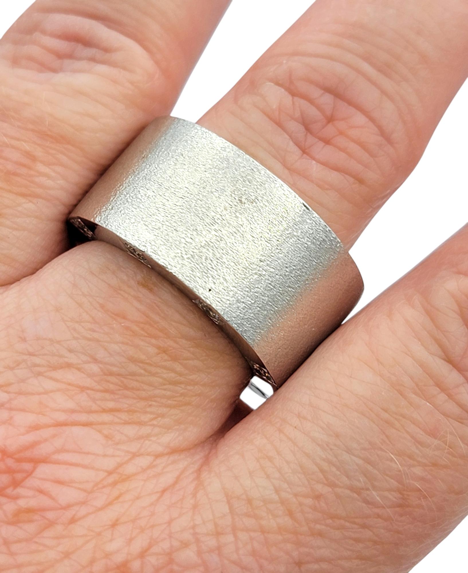 Mens Brushed 14 Karat White Gold Wide Band Ring with Diamonds, F-G / VS1-VS2 For Sale 4