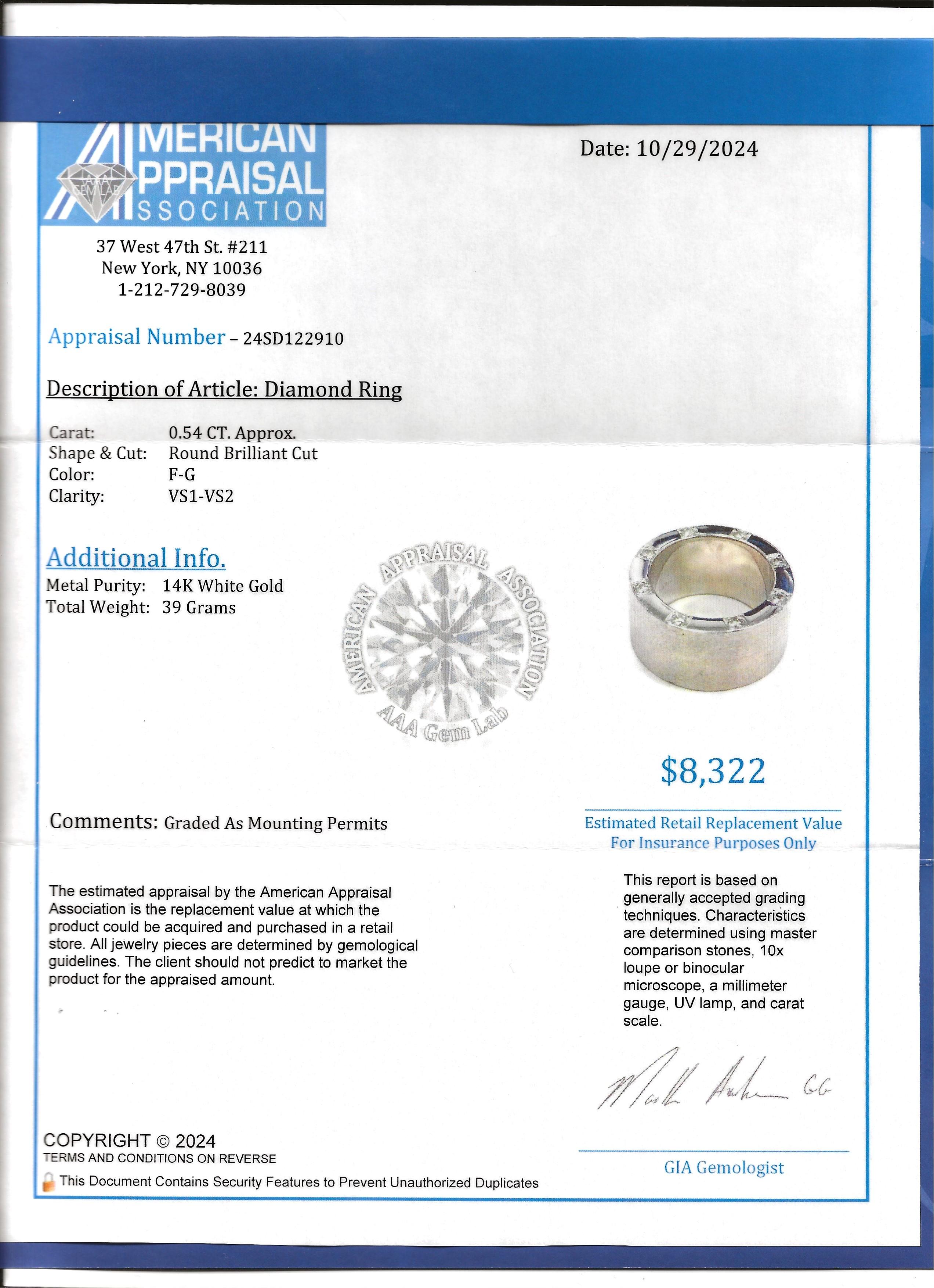 Mens Brushed 14 Karat White Gold Wide Band Ring with Diamonds, F-G / VS1-VS2 For Sale 6
