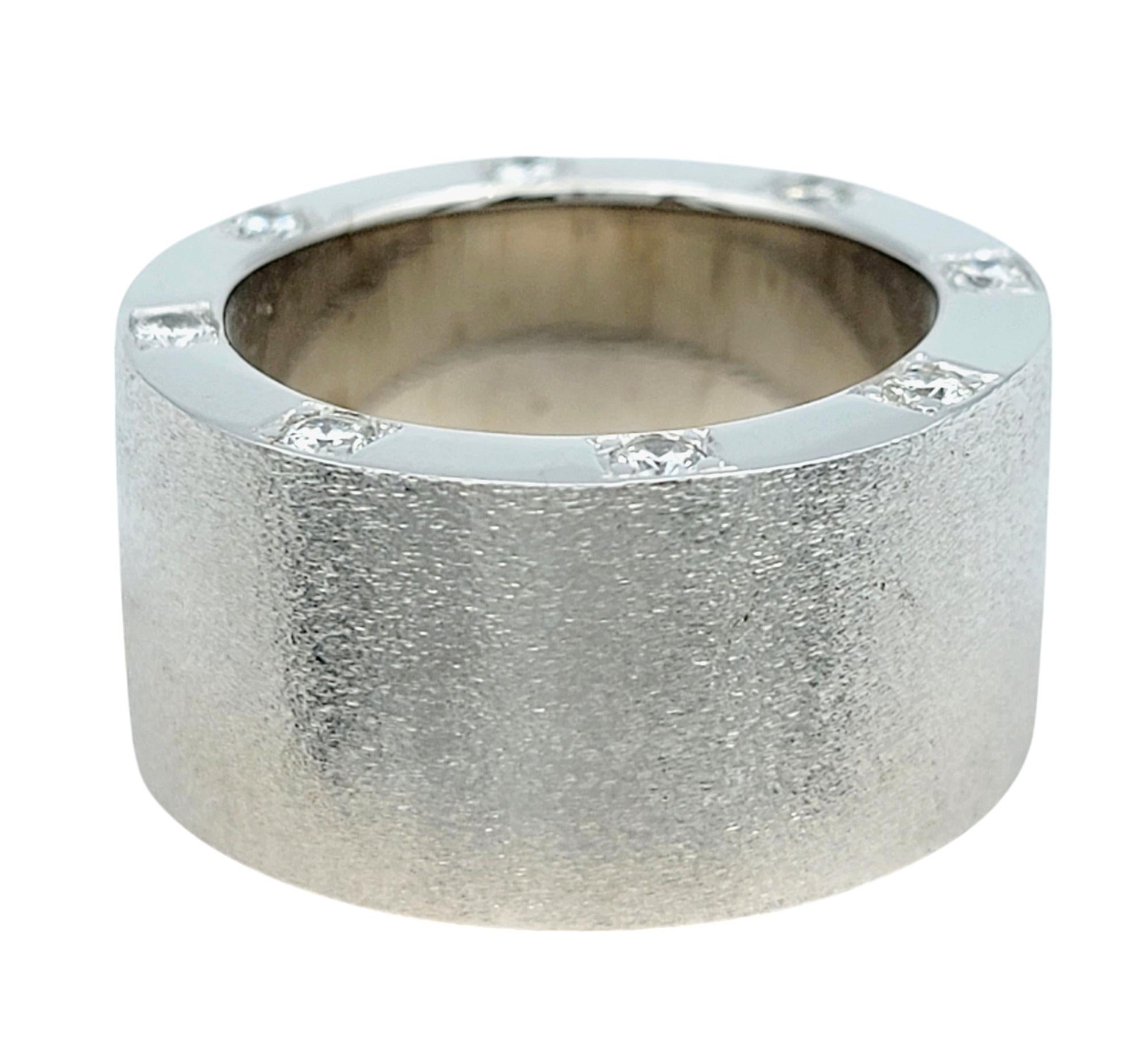 Contemporary Mens Brushed 14 Karat White Gold Wide Band Ring with Diamonds, F-G / VS1-VS2 For Sale