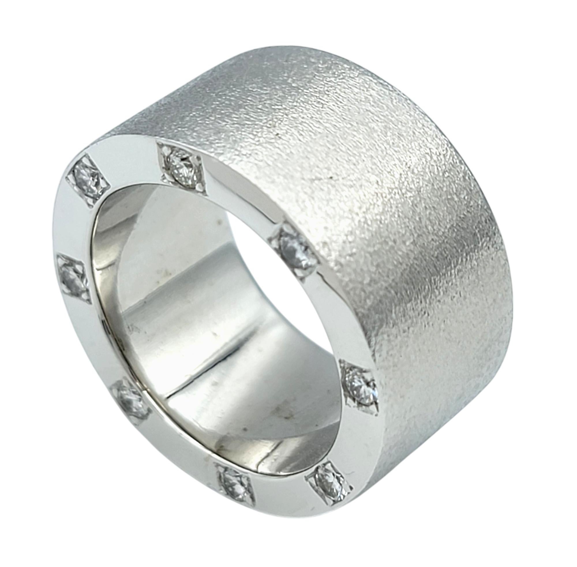 Round Cut Mens Brushed 14 Karat White Gold Wide Band Ring with Diamonds, F-G / VS1-VS2 For Sale