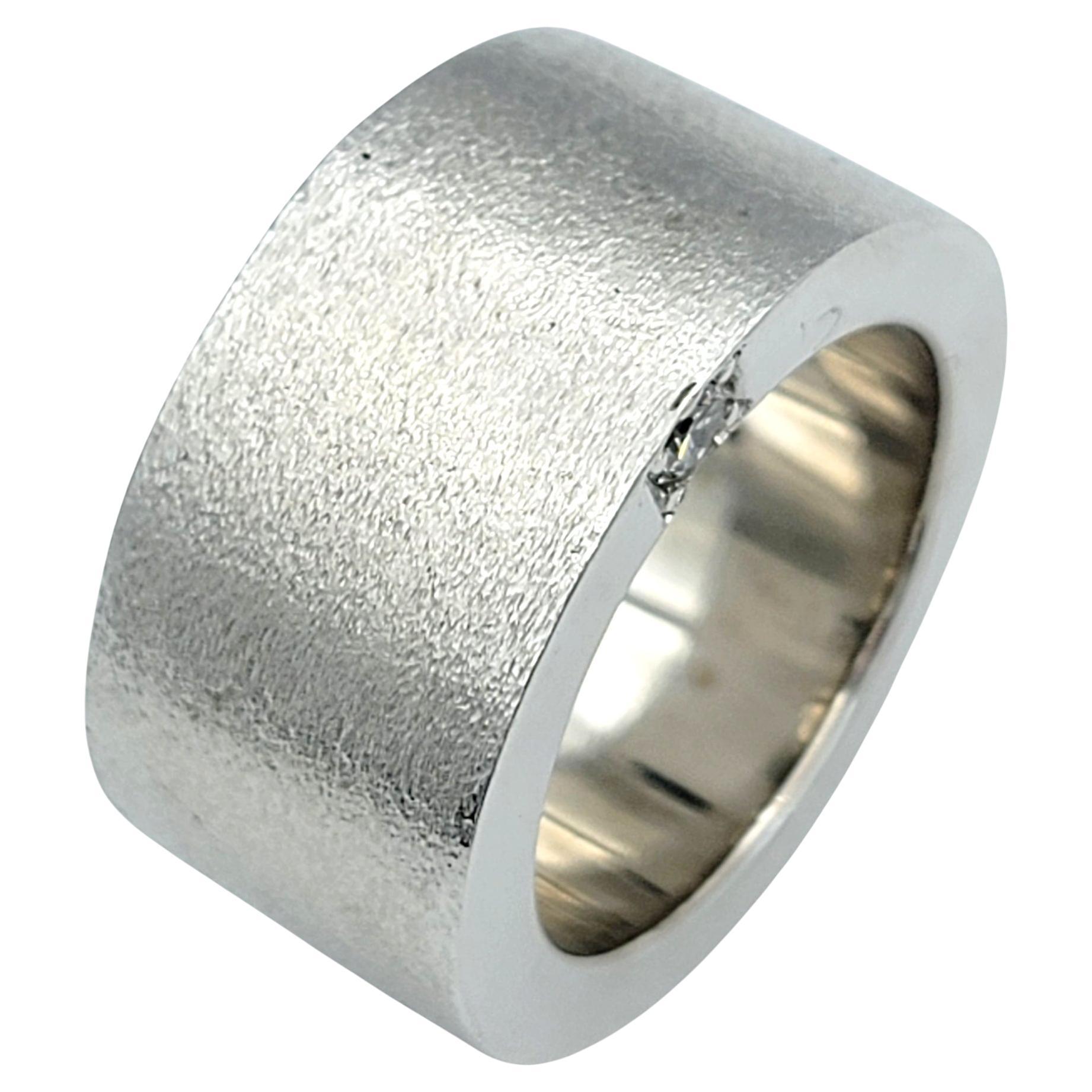 Mens Brushed 14 Karat White Gold Wide Band Ring with Diamonds, F-G / VS1-VS2 For Sale