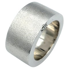 Mens Brushed 14 Karat White Gold Wide Band Ring with Diamonds, F-G / VS1-VS2