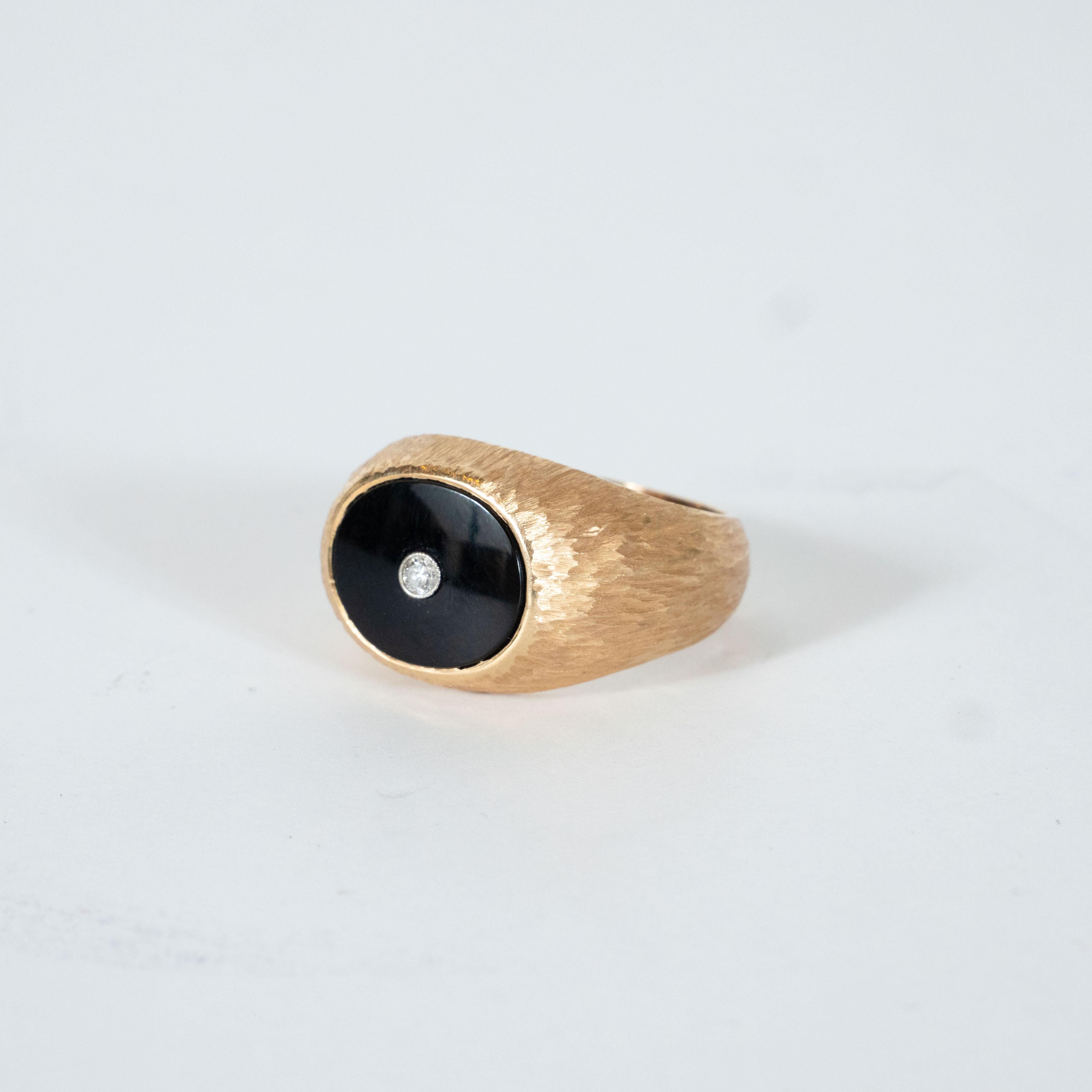 Men's Brushed 14kt Yellow Gold, Black Onyx Brutalist Ring w/ 3 pt. White Diamond In Excellent Condition In New York, NY