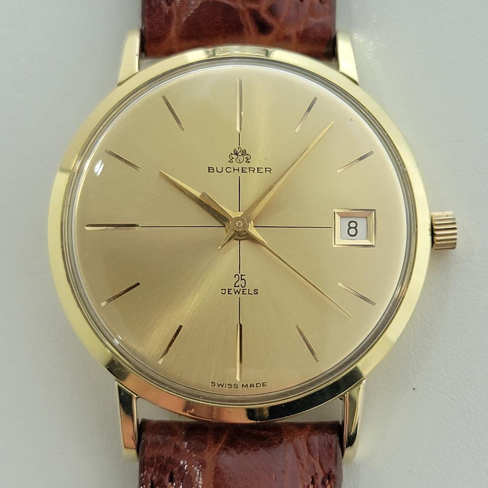 Classic luxury, Men's 18k solid gold Bucherer date automatic, c.1970s, in excellent, immaculate working condition. Verified authentic by a master watchmaker. Gorgeous Bucherer signed gold dial, baton index hour markers, gilt minute and hour hands,