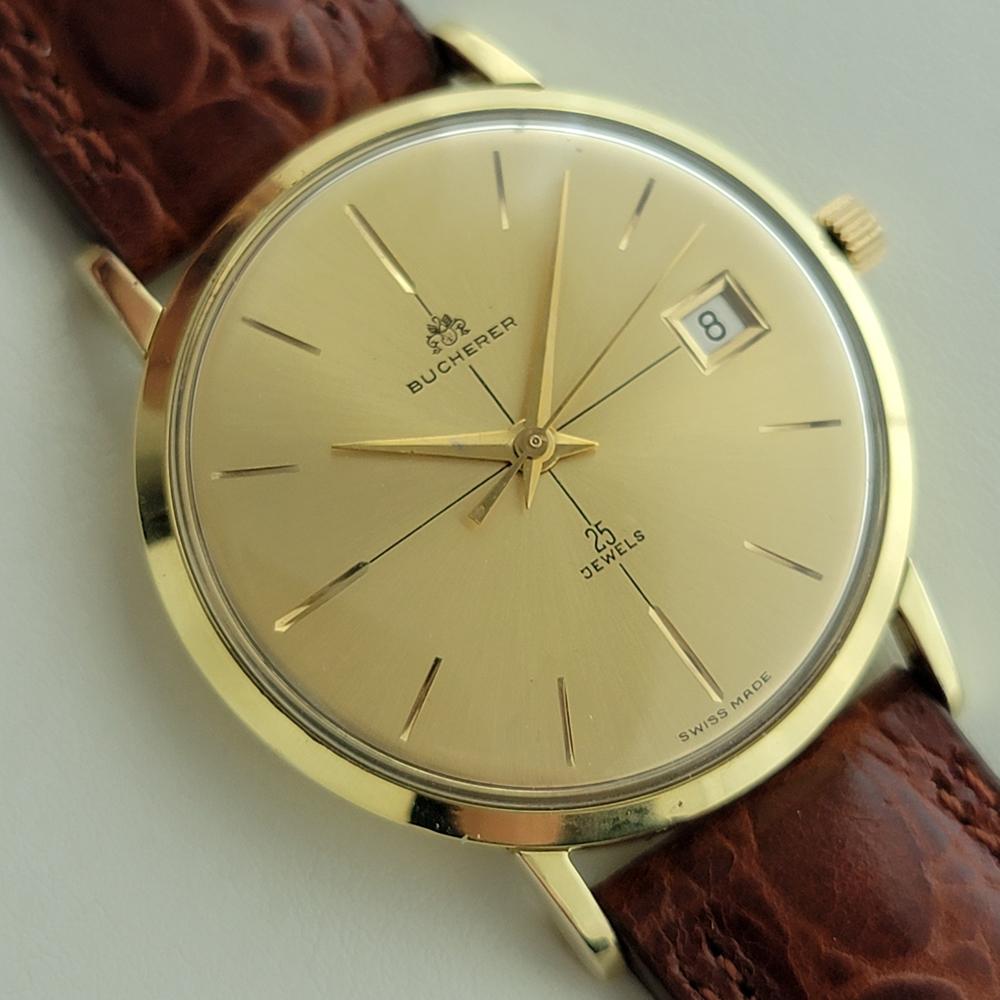 Mens Bucherer 18k Solid Gold Date Automatic Dress Watch 1970s Vintage RA452 In Excellent Condition In Beverly Hills, CA