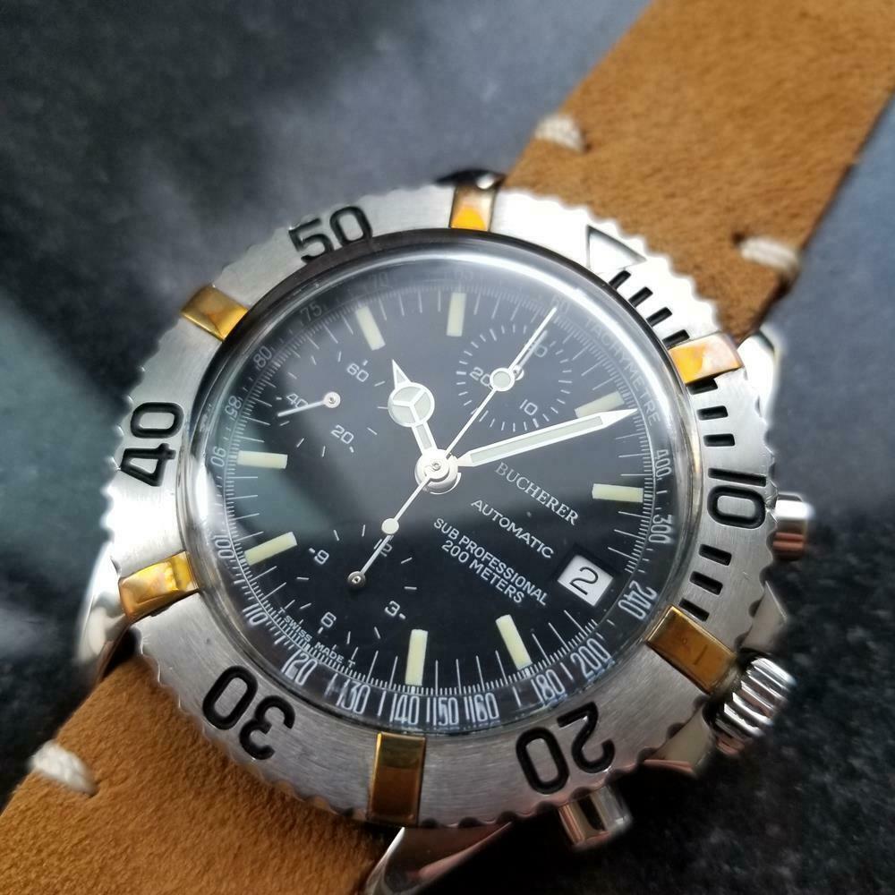 Bold elegance, men's Bucherer Sub Professional automatic chronograph diver, c.1970s. Verified authentic by a master watchmaker. Gorgeous Bucherer signed black chronograph dial, applied baton hour markers, Mercedez minute and hour hands, central