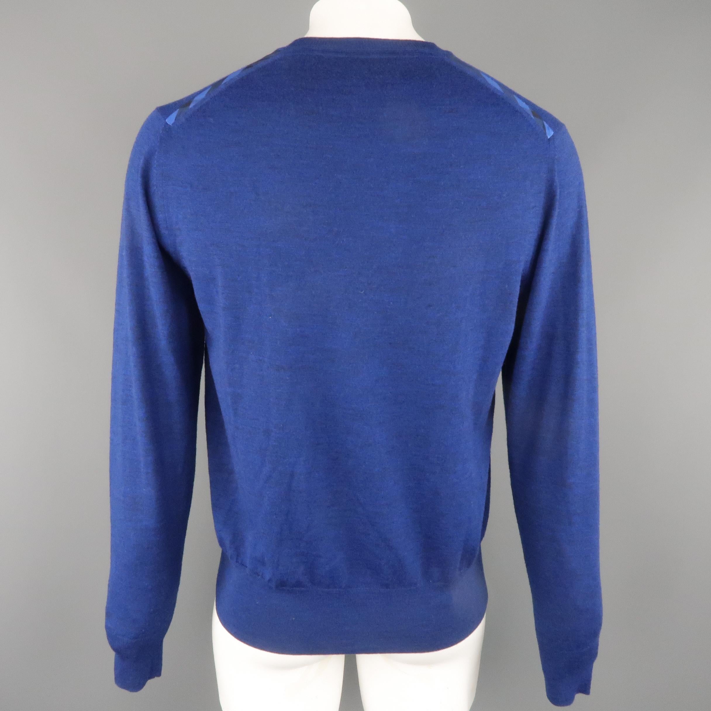 Men's BURBERRY LONDON Size XL Dark Blue Heather Wool Plaid Trim V Neck Pullover 3