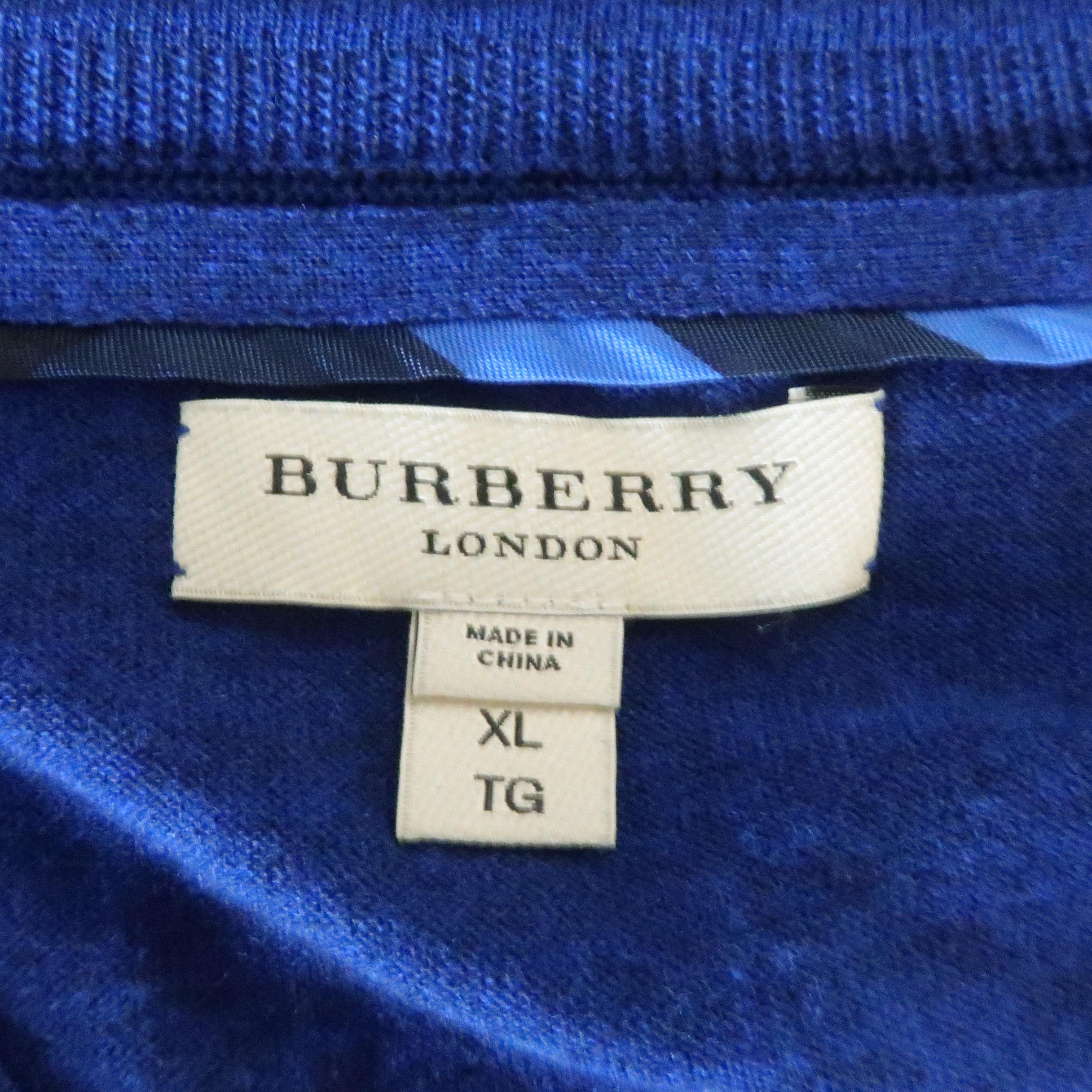 Men's BURBERRY LONDON Size XL Dark Blue Heather Wool Plaid Trim V Neck Pullover 5