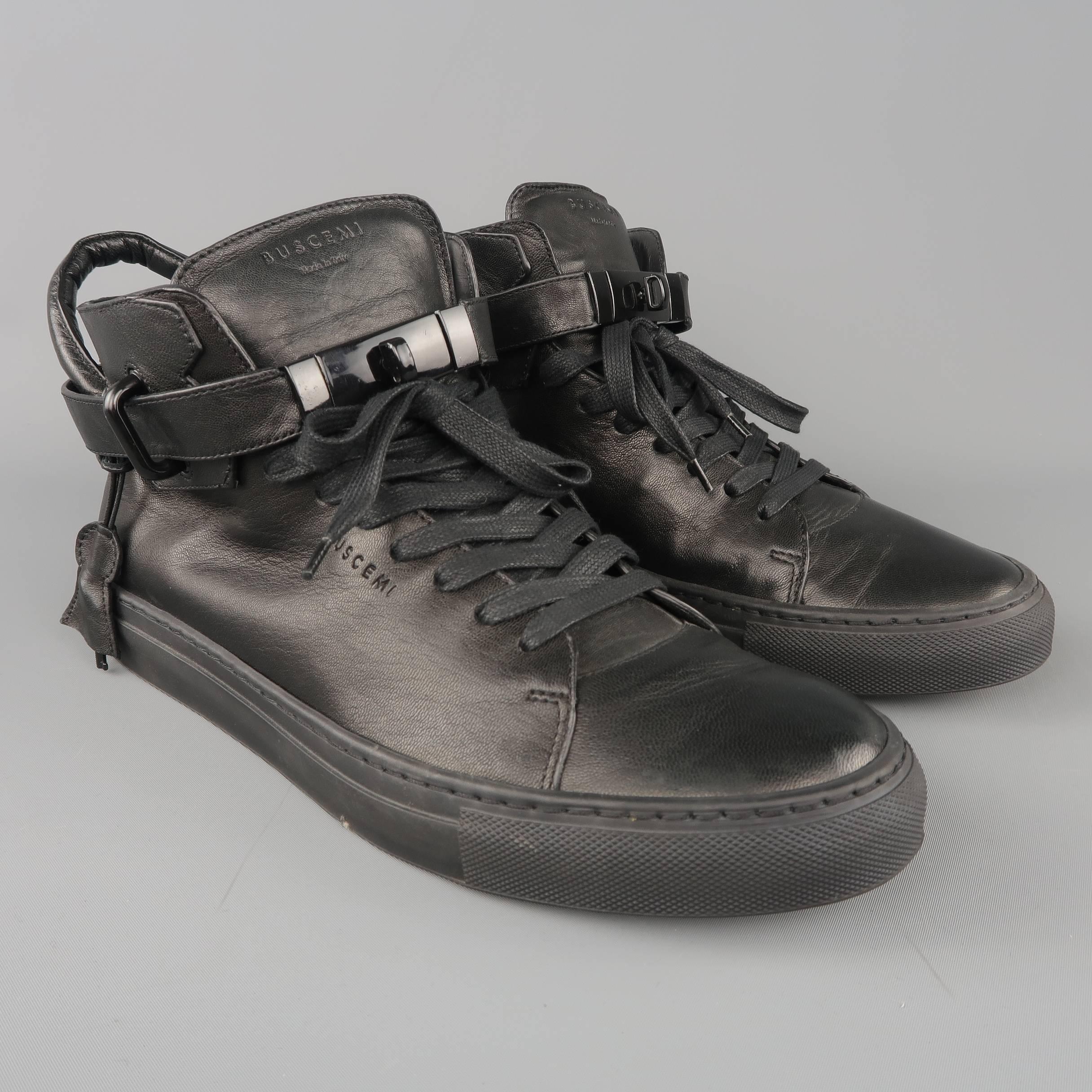 Men's BUSCEMI Size 11 Black Leather Padlock 100mm High Top Sneakers In Good Condition In San Francisco, CA