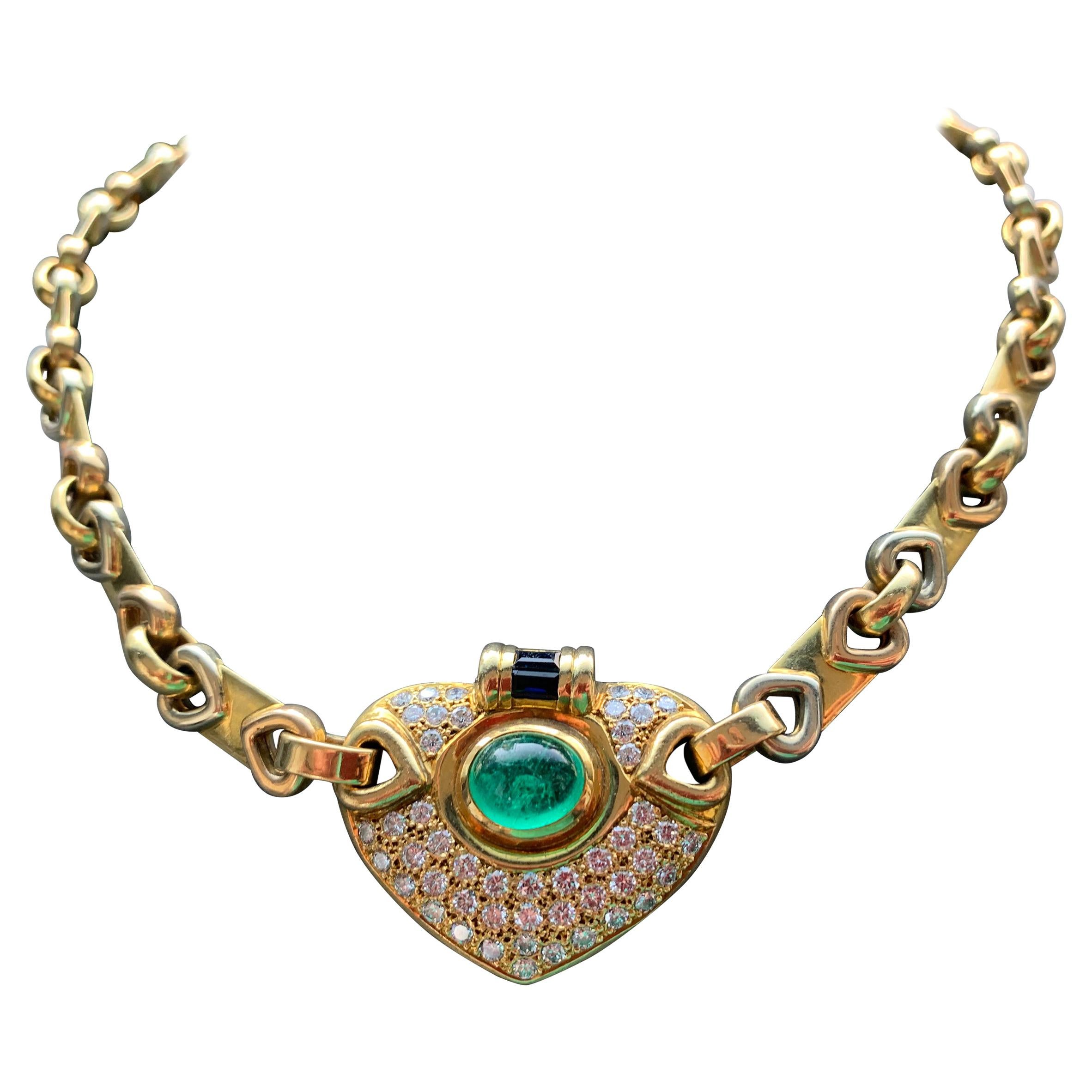 Cabochon Emerald and Diamond Necklace For Sale