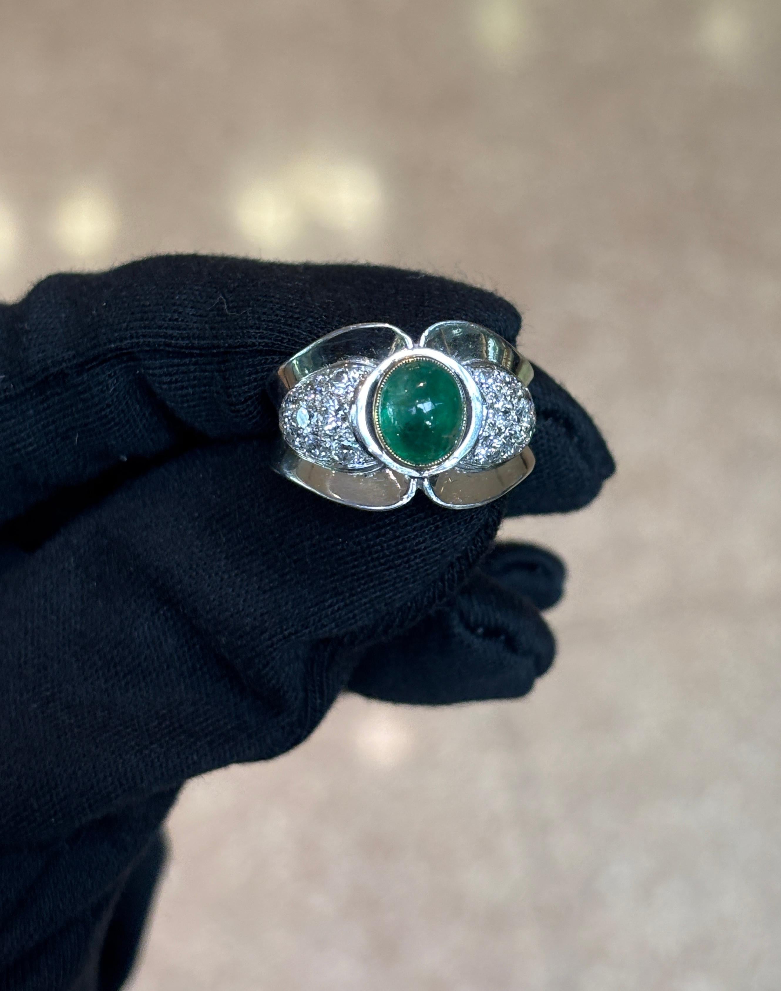 Mixed Cut Men's Cabochon Emerald and Diamond Ring For Sale