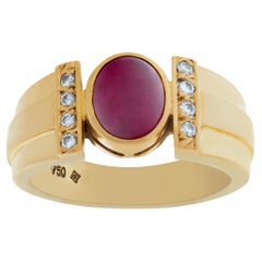 Vintage Mens Cabochon Rubelite Tourmaline 18k yellow gold Ring With Diamond Accents