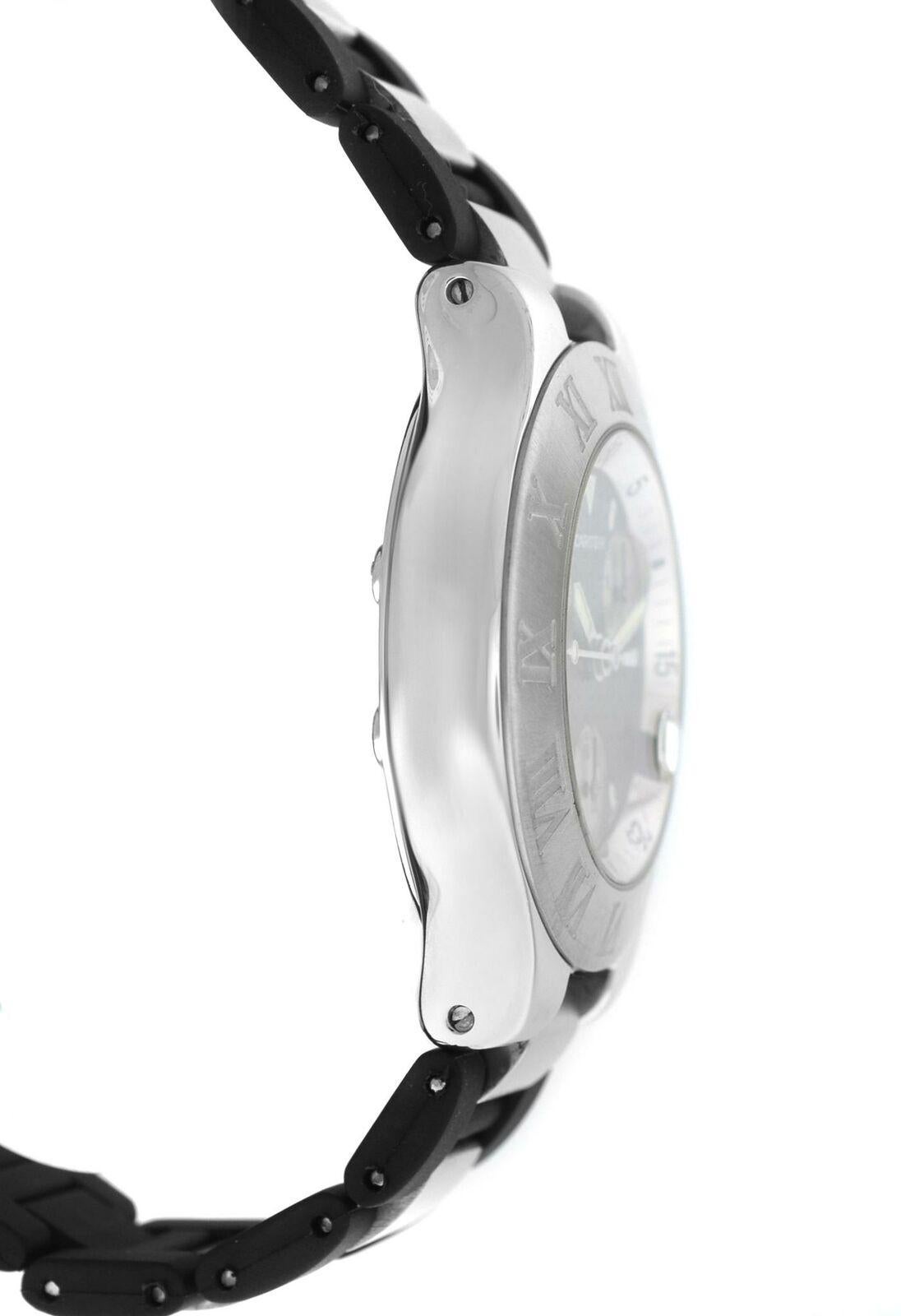 Brand	Cartier
Model	Chronoscaph 2424
Gender	Men's 
Condition	Pre-owned
Movement	Swiss Quartz
Case Material	Stainless Steel
Bracelet / Strap Material	
Rubber with Steel Inserts (New aftermarket strap!)

Clasp / Buckle Material	
Stainless Steel

Clasp