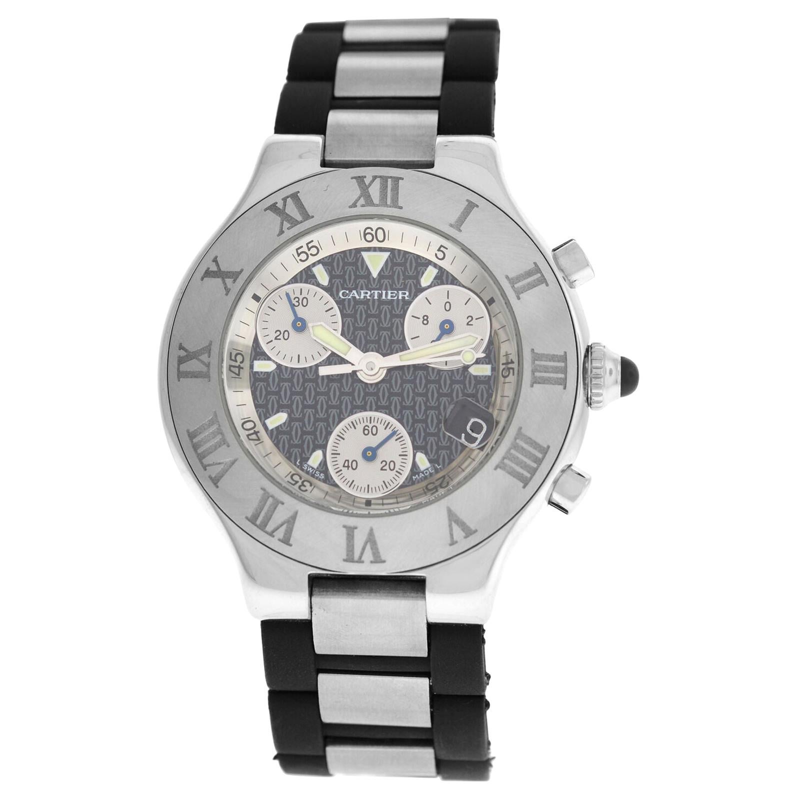 Men's Cartier 2424 Chronoscaph Steel Date Quartz Chronograph Watch For Sale