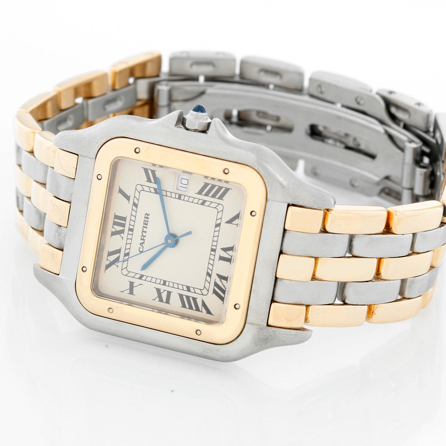 Men's Cartier 3-Row Panther 2-Tone Steel & Gold Watch W25027B8 - Quartz. Stainless steel case with 18k yellow gold bezel (29mm x 40mm). Ivory colored dial with black Roman numerals and date at 3 o'clock. Stainless steel and 18k yellow 3-row Cartier