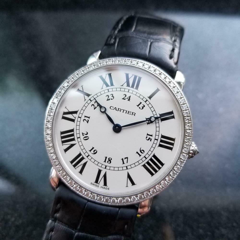 Luxurious elegance, Men's 18k white gold Cartier Ronde diamond dress watch, c.2010s, all original. Verified authentic by a master watchmaker. Gorgeous white Cartier dial, black Roman numeral hour markers, inner 24hr hour markers, steel blue minute