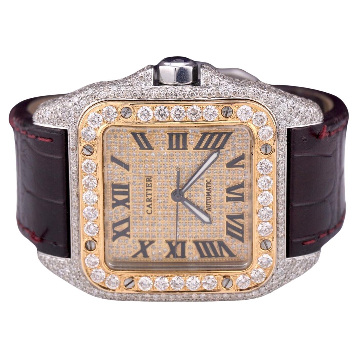 Men's Cartier Santos 100 XL 38mm Custom 2-Tone Iced 12ct Diamonds Ref 2656 For Sale