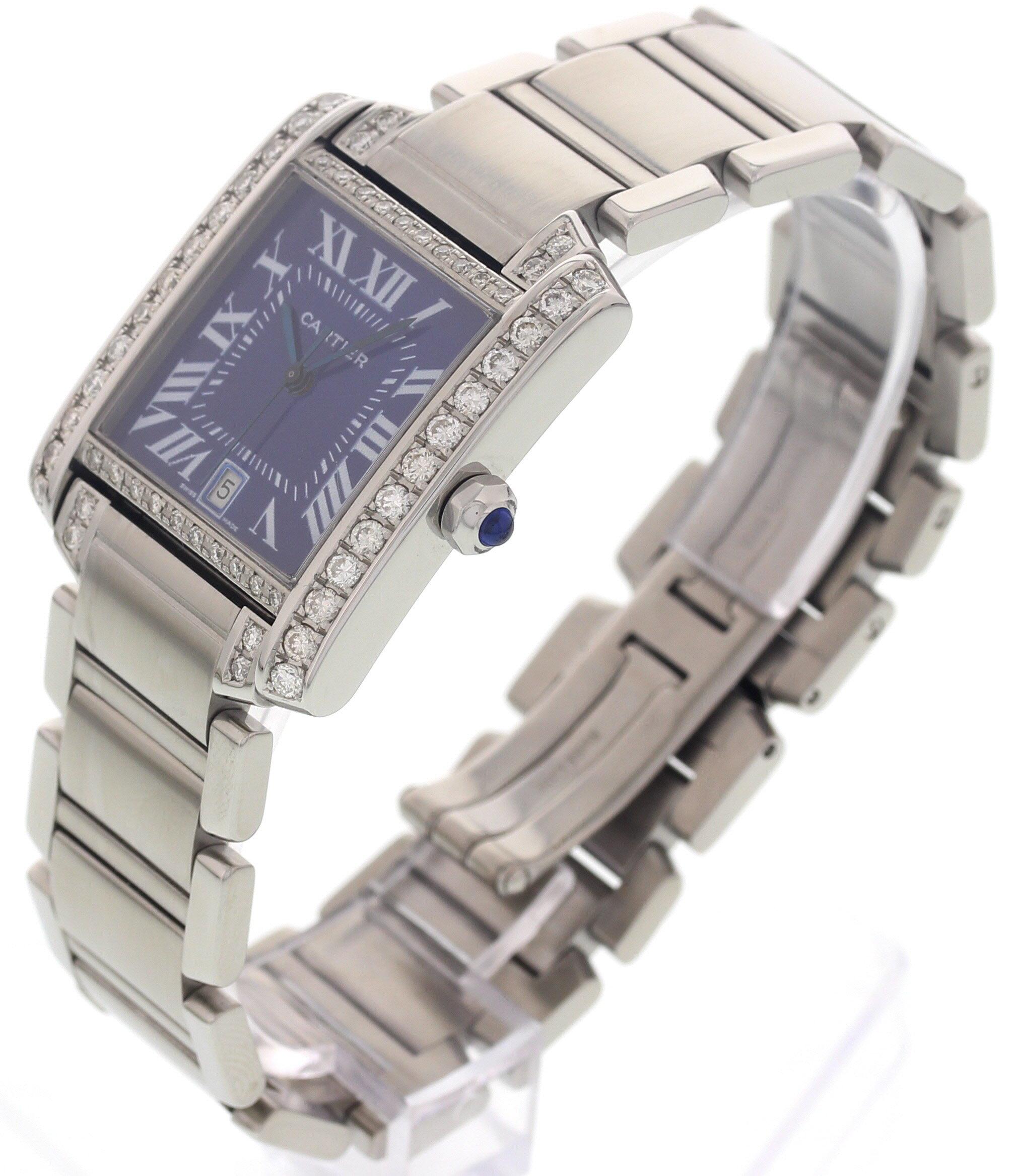 Stainless steel 28 mm case with a blue sapphire crystal on the crown. Stainless steel bracelet fit for 7.5 Inch wrist. The diamonds are 100% natural diamonds, not set by Cartier.
