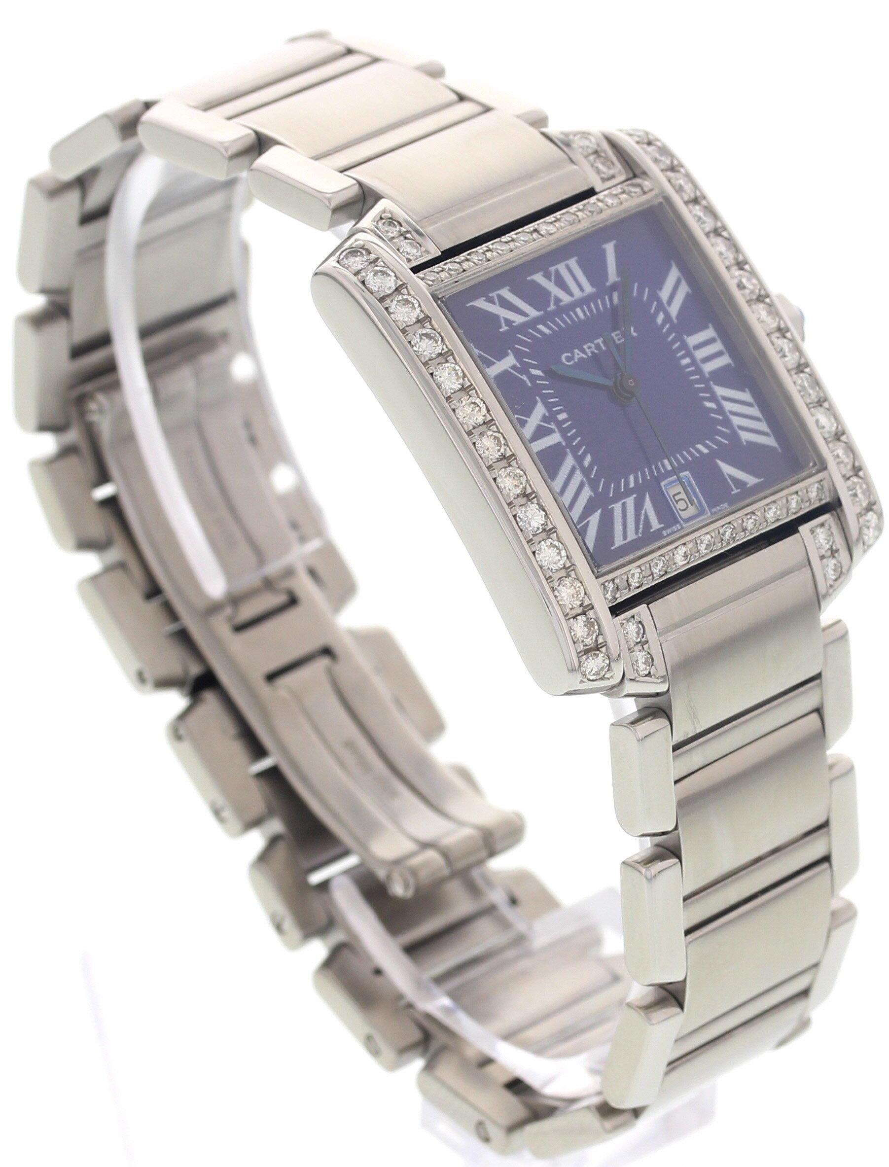 Men's Cartier Tank Francaise Automatic 2302 with Diamonds and Blue Dial In Good Condition For Sale In New York, NY