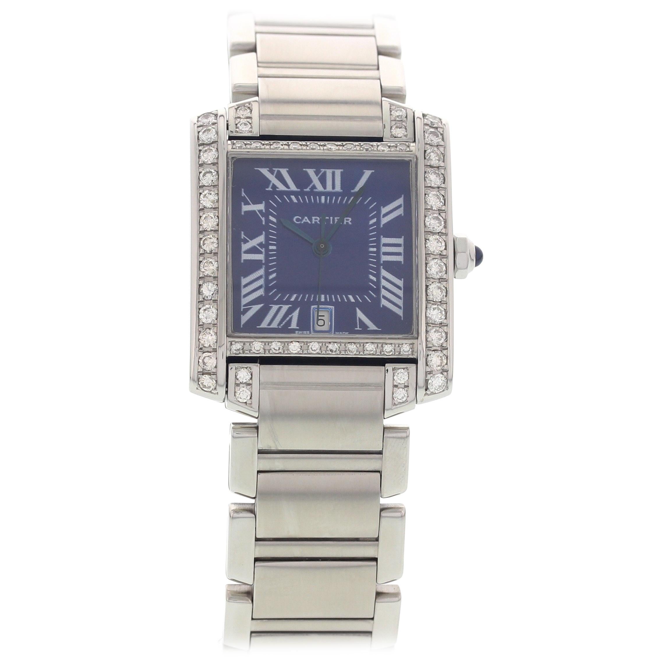 Men's Cartier Tank Francaise Automatic 2302 with Diamonds and Blue Dial For Sale