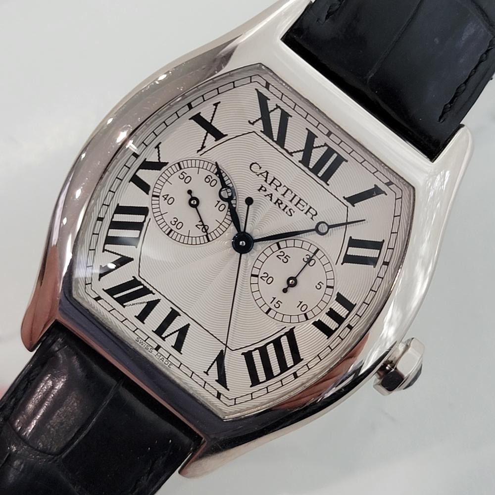 Luxurious classic, Men's 18k solid white gold Cartier Tortue 2762 chronograph, c.2000s, all original, with original Cartier pouch, in perfect, working condition. Verified authentic by a master watchmaker. Gorgeous, classic Cartier signed white