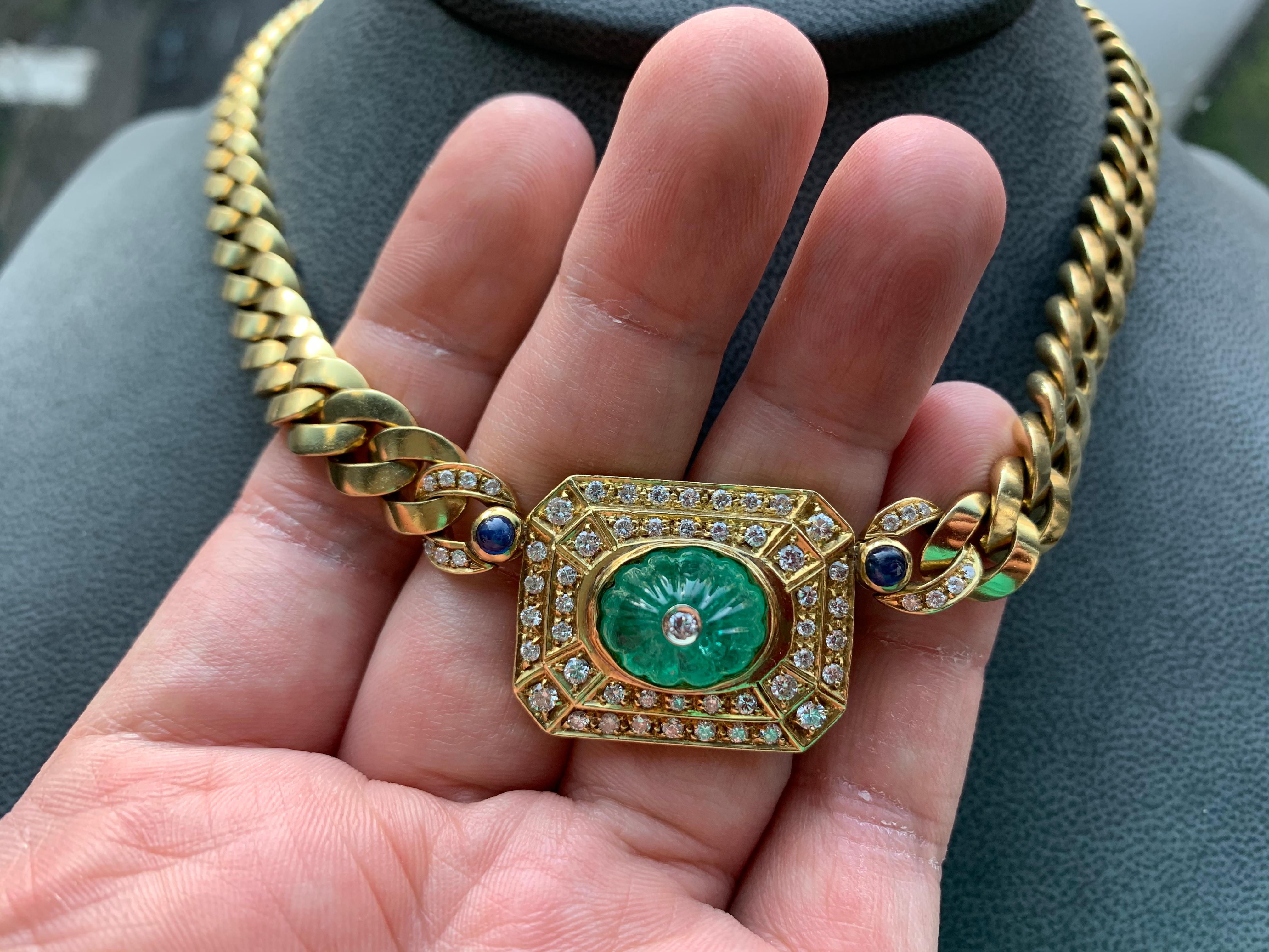 Carved Emerald and Diamond Necklace 