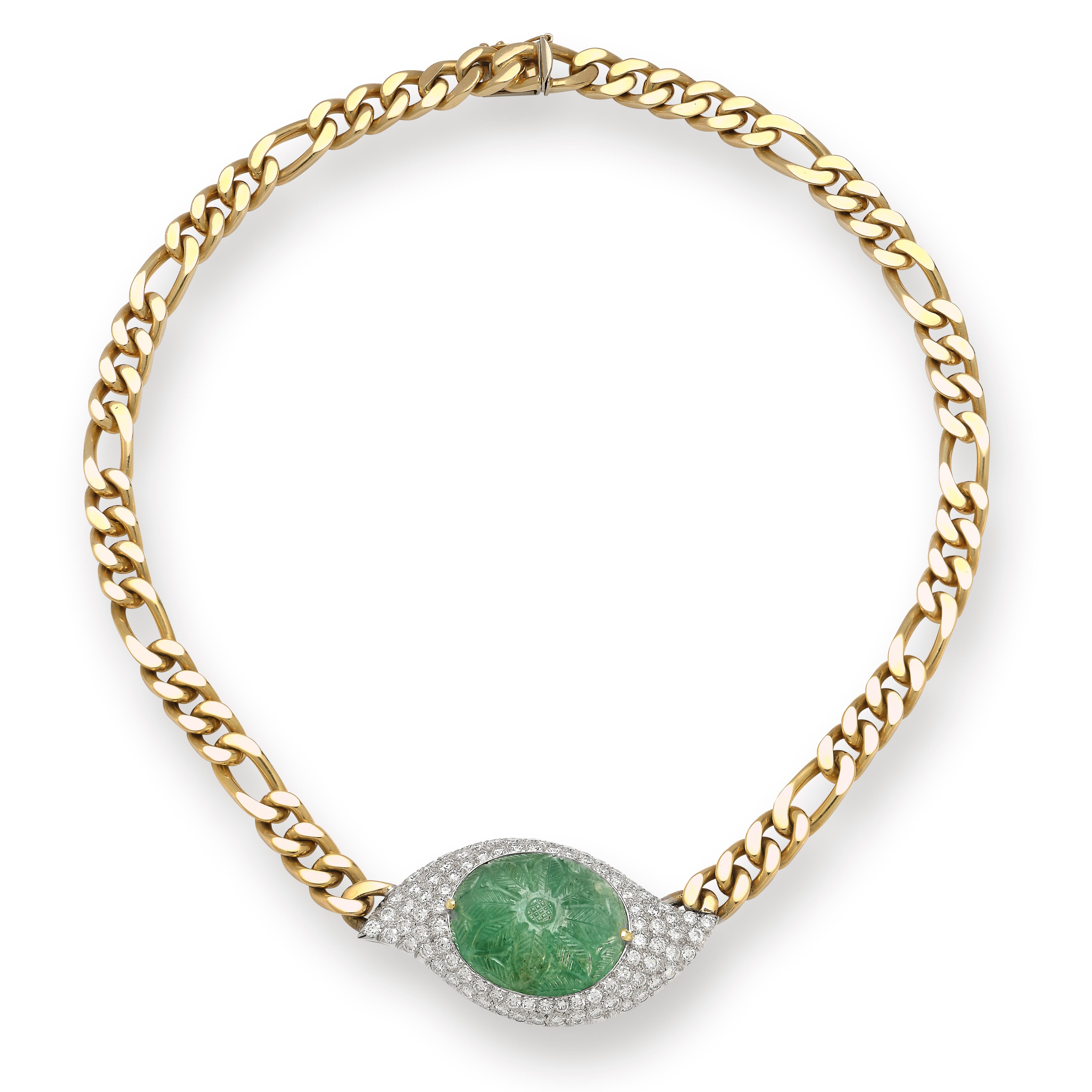 Carved Emerald & Diamond Link Necklace

 1 carved center emerald surrounded by 119 round pave diamonds

18k yellow gold chain

Diamond Weight: approximately 10.98 cts 

Measurements: 16