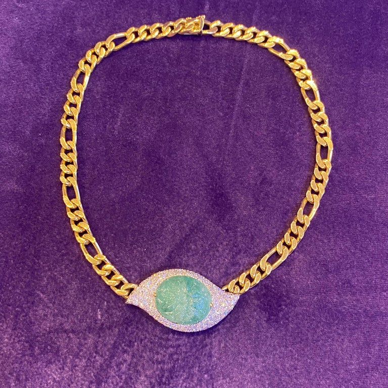 Men's Carved Emerald and Diamond Link Necklace For Sale at 1stDibs