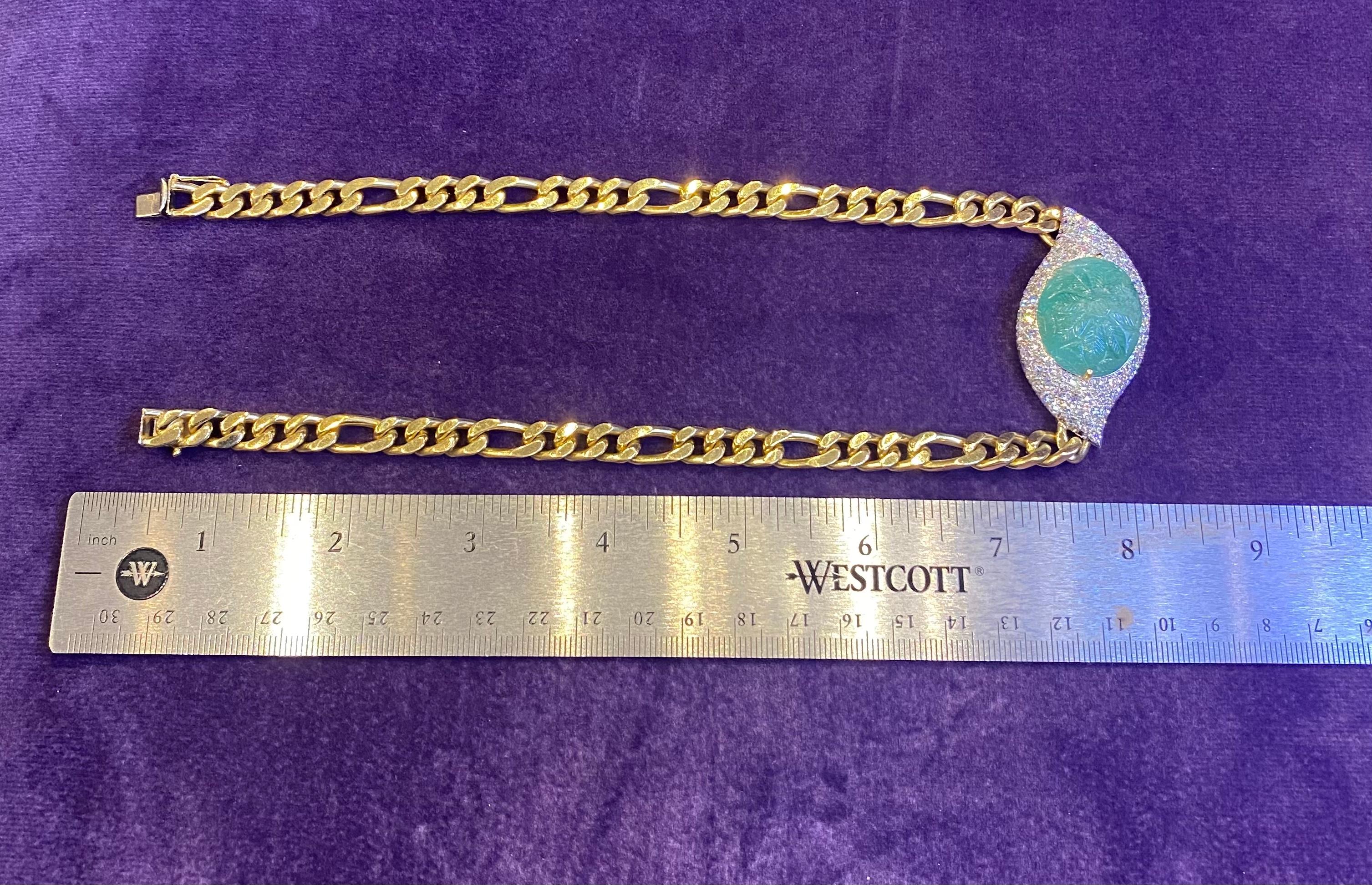 Men's Carved Emerald & Diamond Link Necklace In Excellent Condition For Sale In New York, NY
