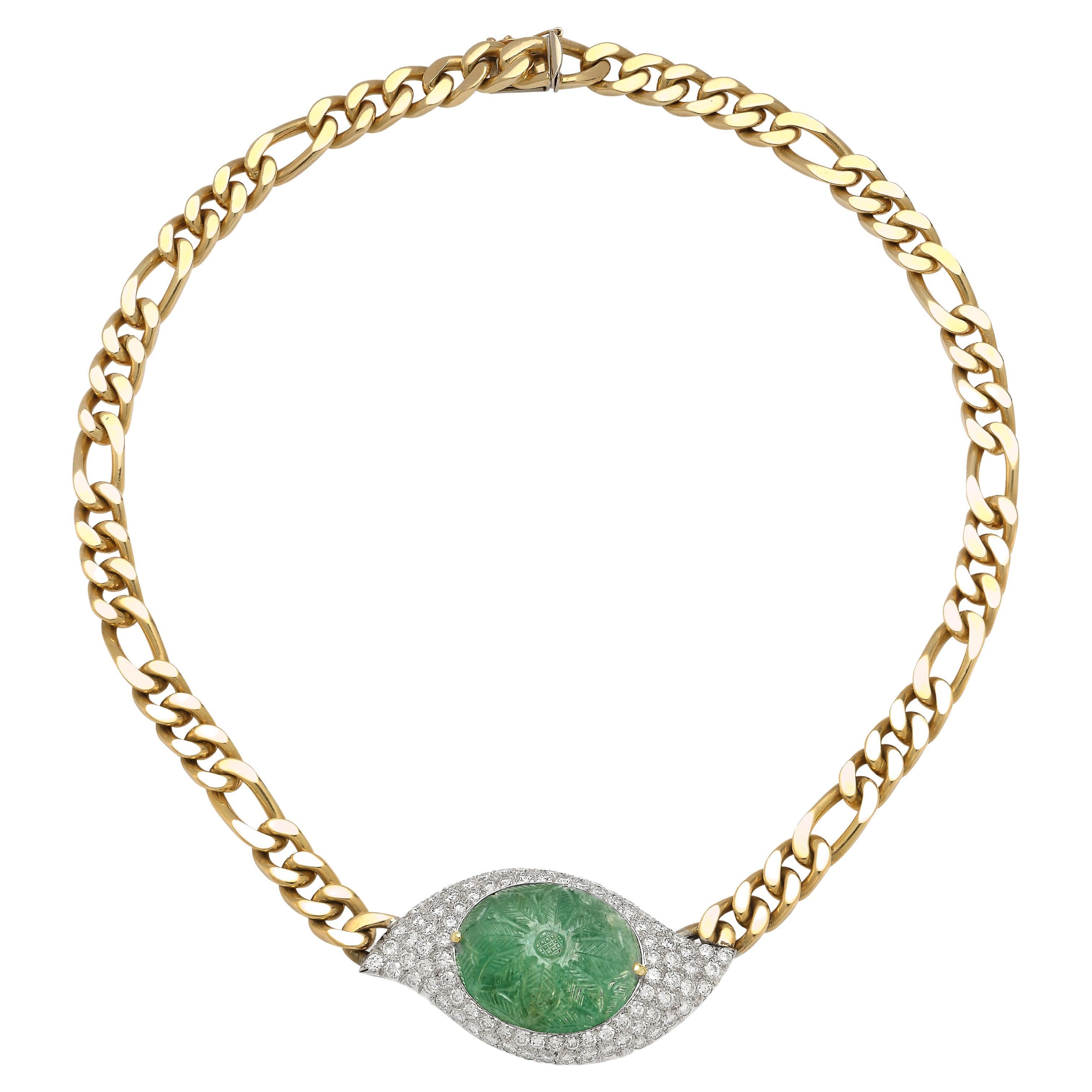 Men's Carved Emerald & Diamond Link Necklace For Sale