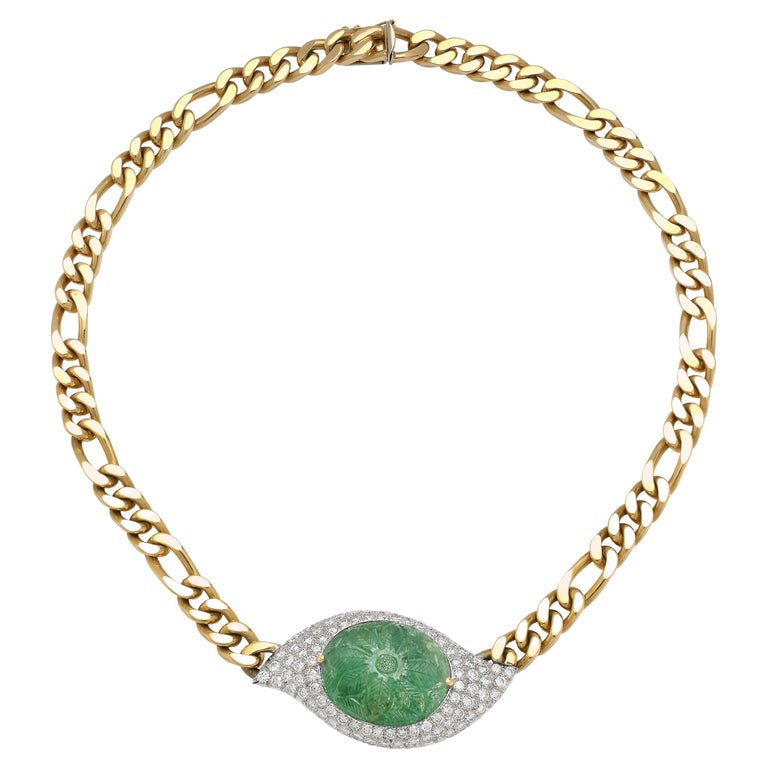 Men's Carved Emerald and Diamond Link Necklace For Sale at 1stDibs
