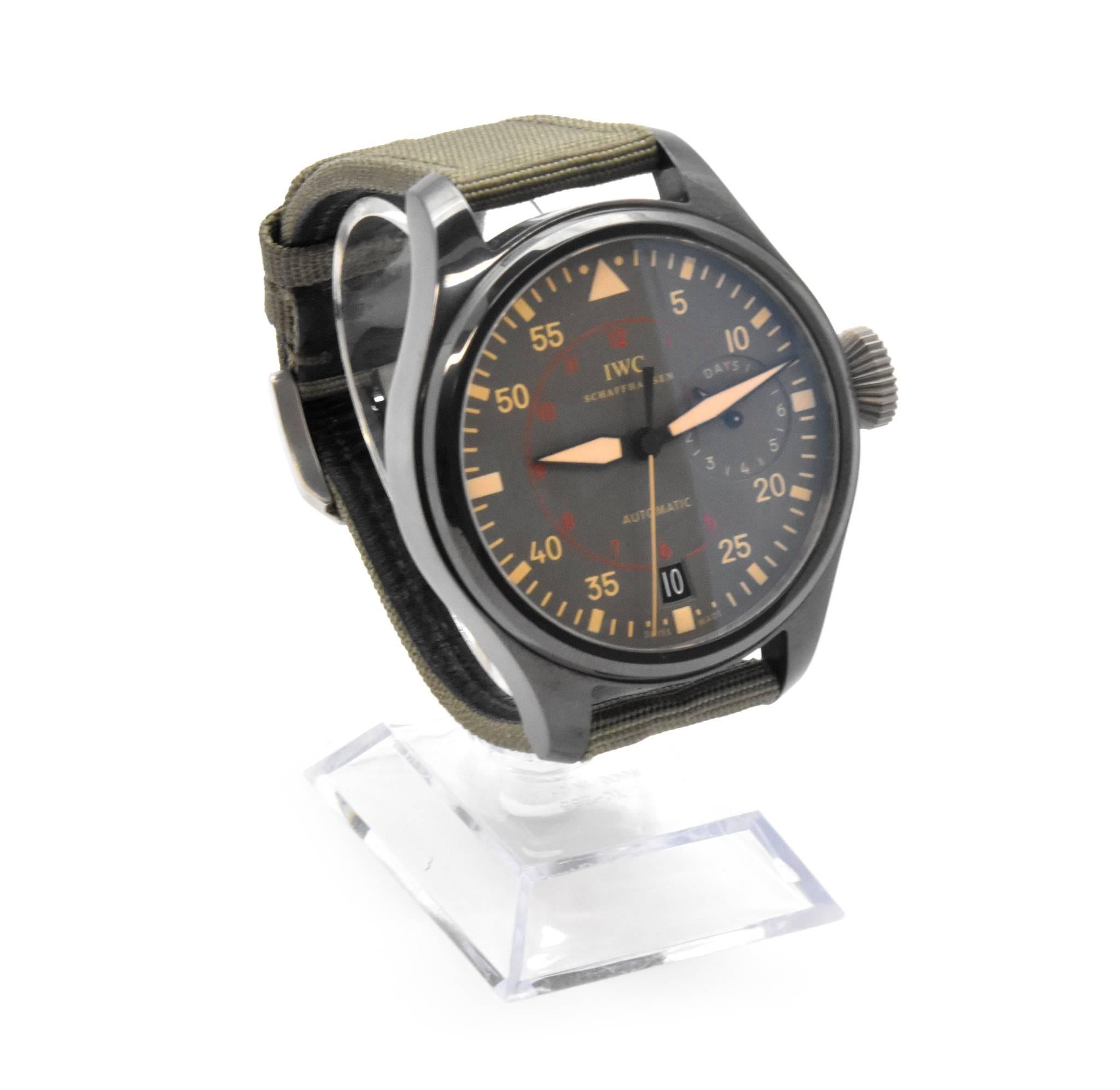 Movement: automatic
Function: hours, minutes, sweep seconds, date at 6:00, 8 day power reserve, water resistant up to 60m
Case: 48mm black PVD ceramic with titanium case, screw down crown, sapphire crystal
Band: khadi green canvas genuine IWC