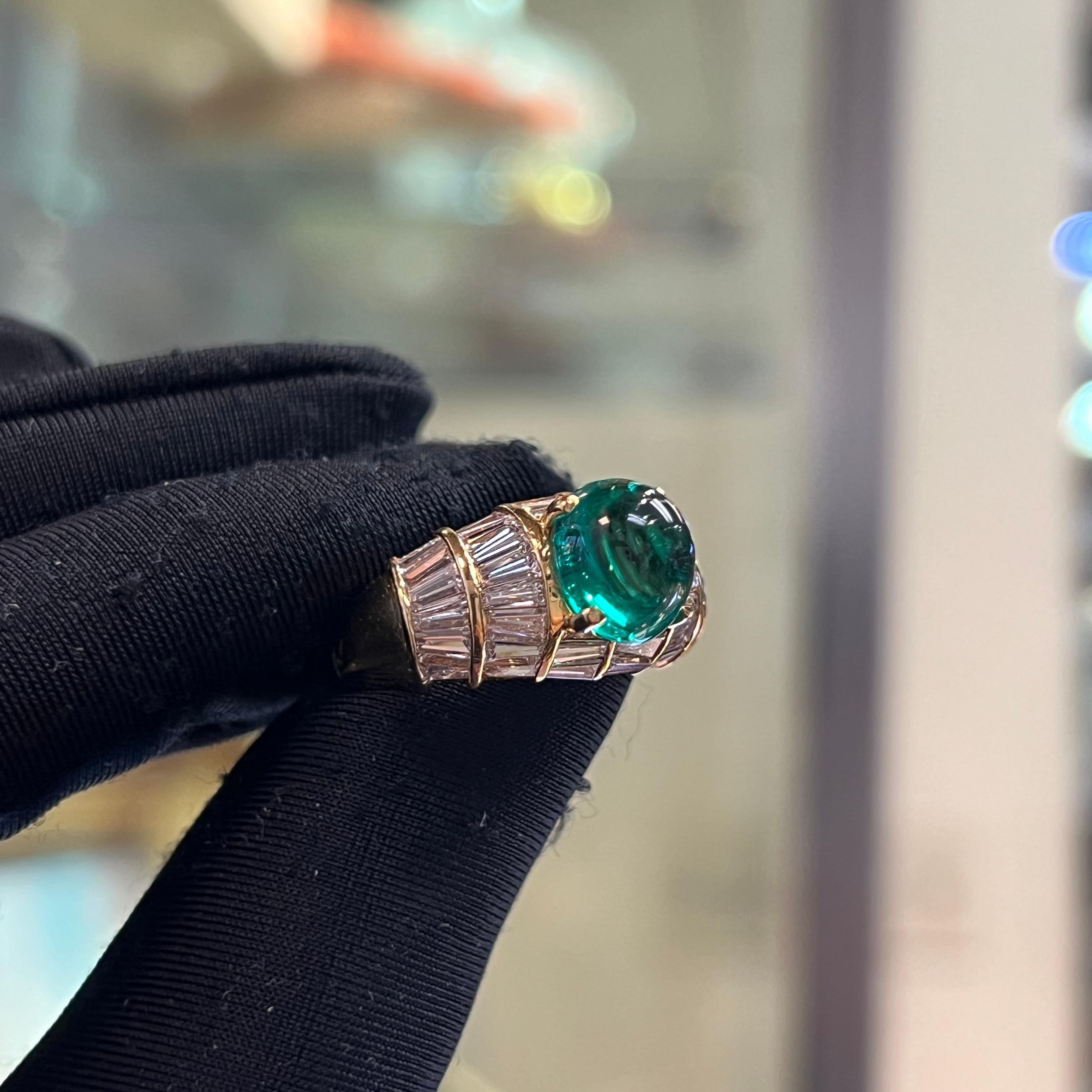 Mixed Cut Men's Certified Colombian Cabochon Emerald and Diamond RIng For Sale