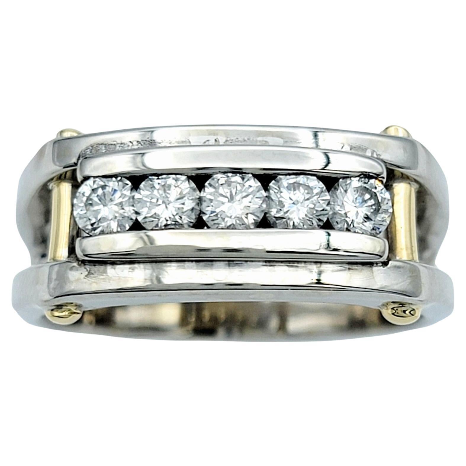 Men's Channel Set Five Diamond Contemporary Band Ring in Two Tone 14 Karat Gold For Sale