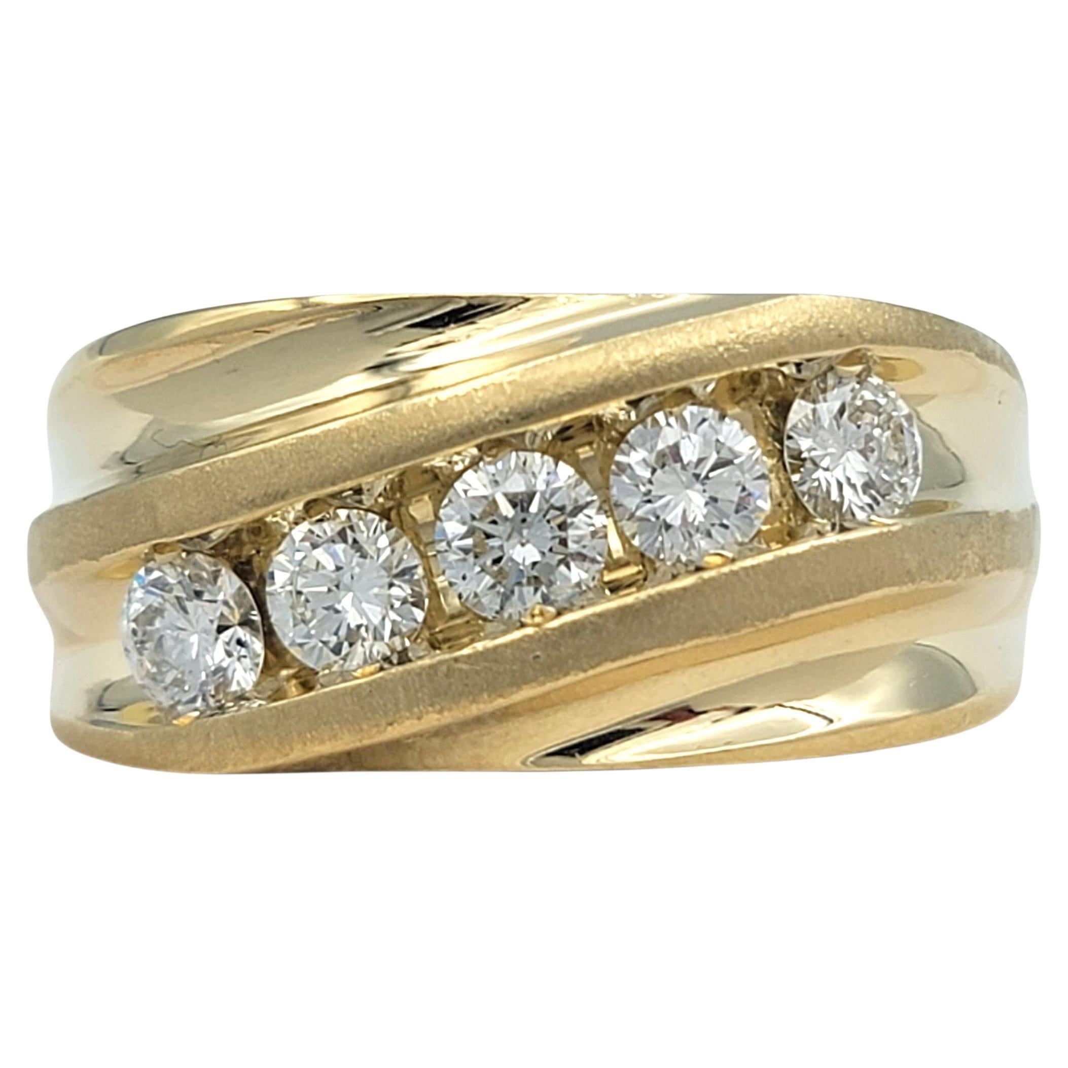 Mens Channel Set Round Brilliant Diamond Ridged Band Ring 14 Karat Yellow Gold