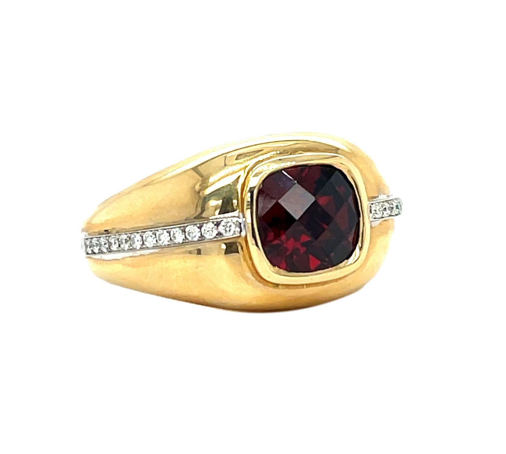 This stunning Men's ring has a cushion cut checkerboard top quality Garnet center with 12 brilliant cut diamonds on each side of the center stone. The ring is set in 14K yellow gold. It comes in a beautiful box ready for the perfect gift!

14KY:    