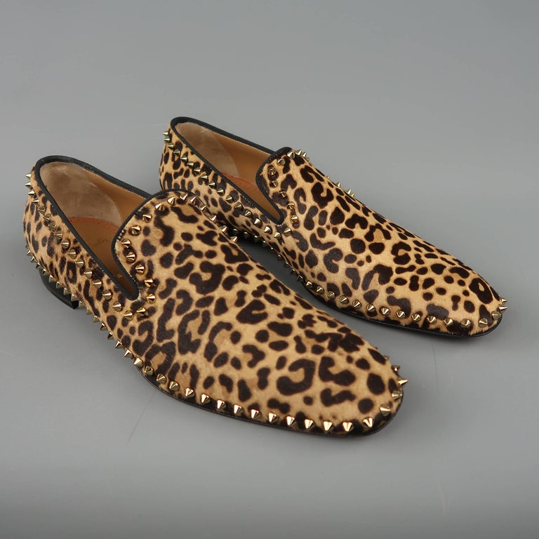 Christian Louboutin Men's Leopard Print Pony Hair Gold Spike Loafers at ...