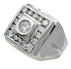 Mens Chunky Squared Band Ring with Round Diamonds in 14 Karat White Gold