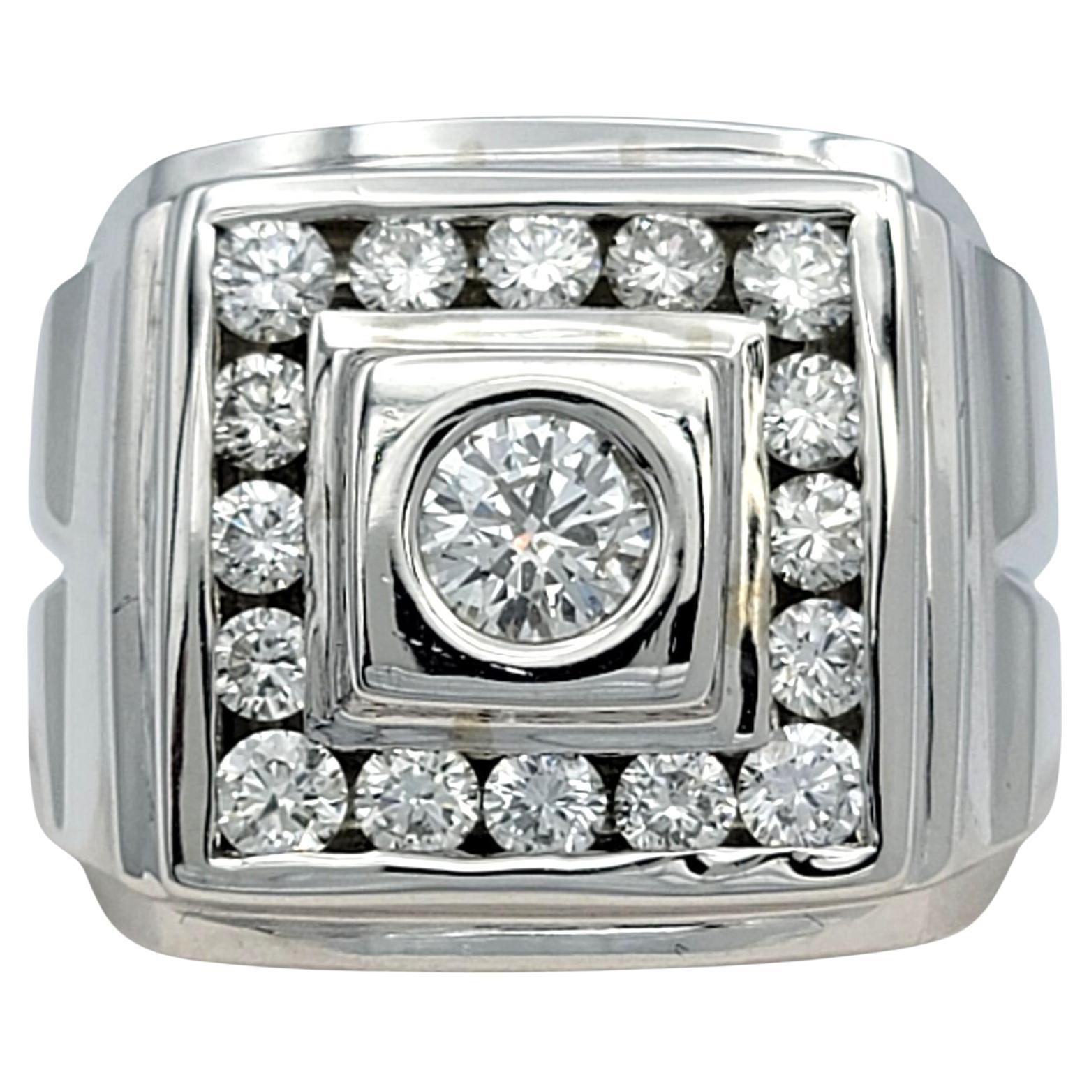 Mens Chunky Squared Band Ring with Round Diamonds in 14 Karat White Gold For Sale