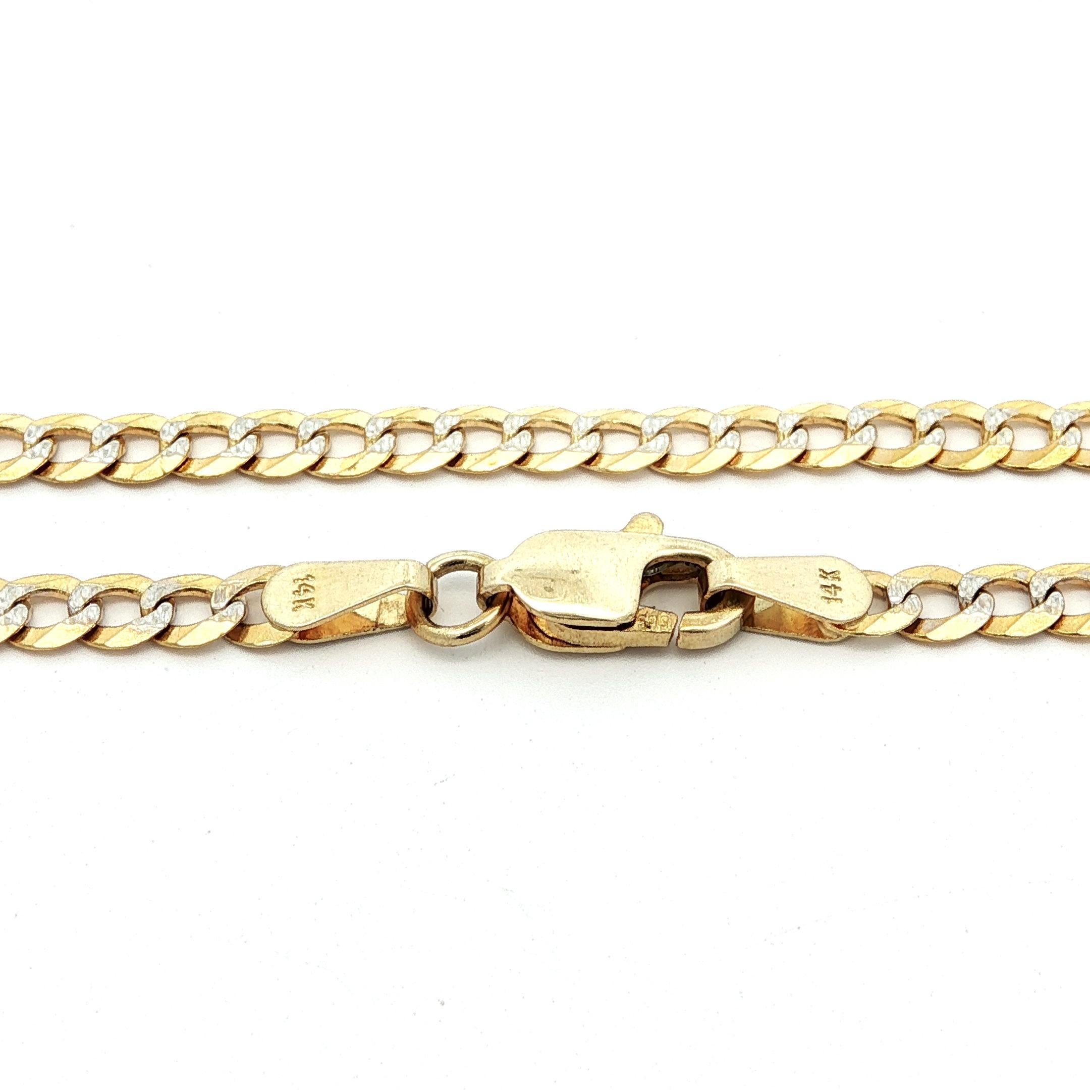 Material: Solid 14k Yellow & White Gold
Weight: 7.1 Grams 
Type: 3.1mm Diamond Cut Texture Curb Link
Length: 20